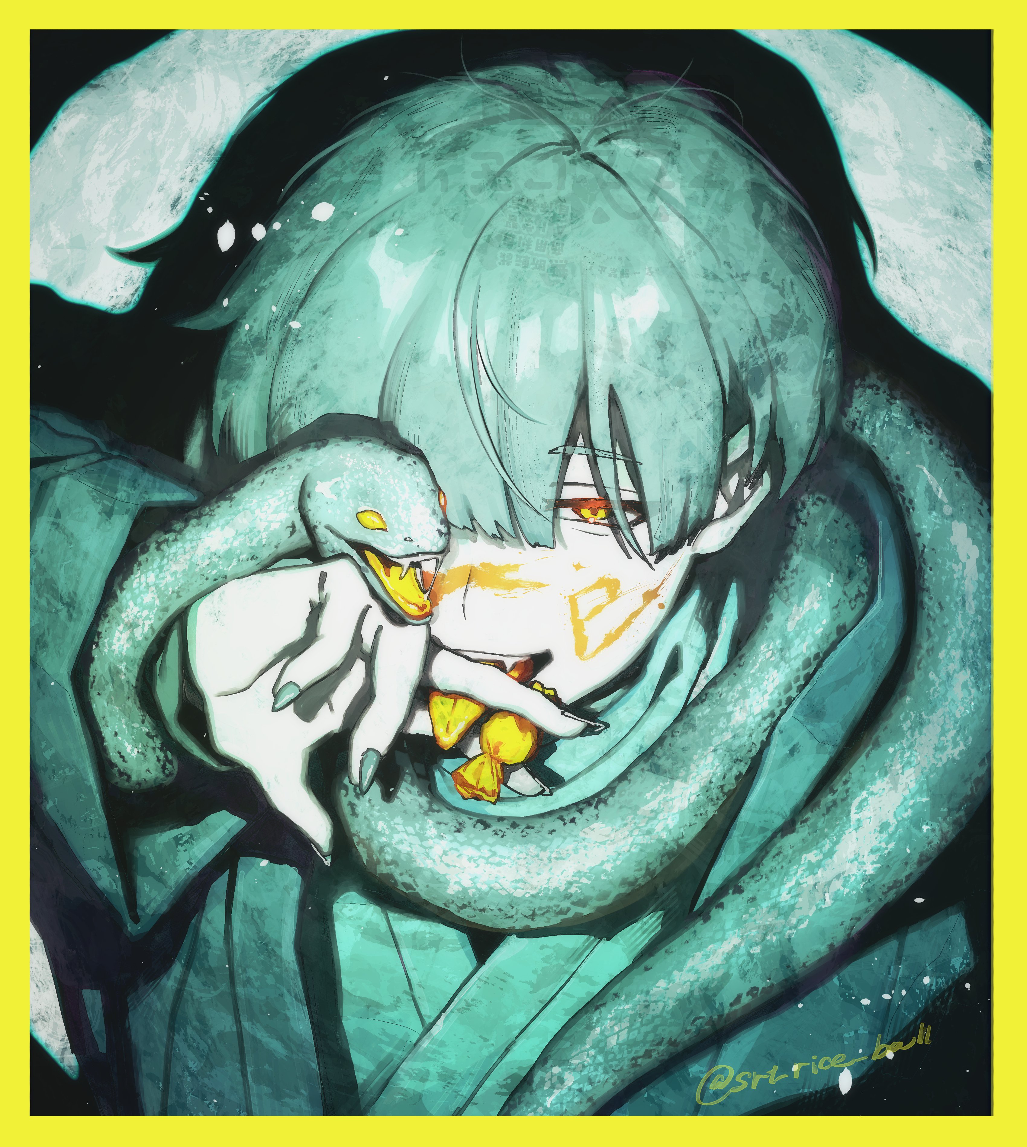 srt rice ball, original, absurdres, commentary request, highres, 1boy, animal, border, candy, candy wrapper, coat, colored tongue, fangs, fingernails, food, green coat, green hair, green nails, holding, holding candy, holding food, long bangs, long sleeves, looking at viewer, male focus, one eye covered, open mouth, short hair, smile, snake, solo, tongue, tongue out, upper body, wrapped candy, yellow border, yellow eyes, yellow tongue