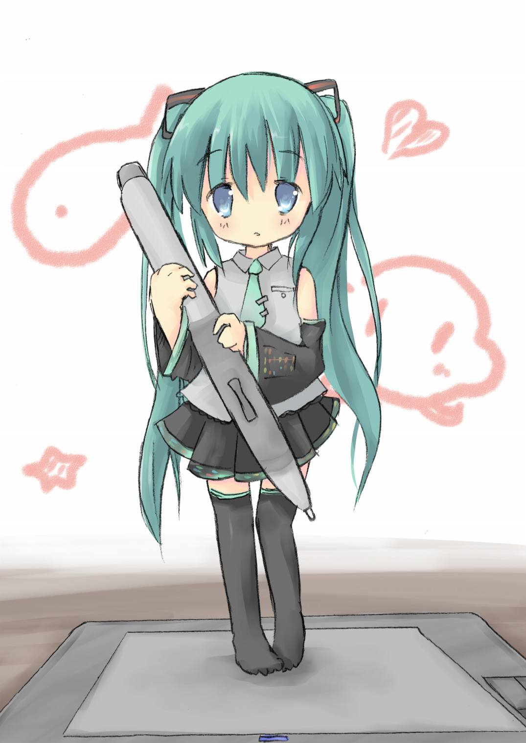 aoba (pixiv88988), mizukusa aoba, hatsune miku, vocaloid, bad id, bad pixiv id, highres, 1girl, aqua hair, blue eyes, detached sleeves, drawing tablet, female focus, long hair, mini person, minigirl, necktie, oversized object, pen, skirt, solo, stylus, thighhighs, twintails