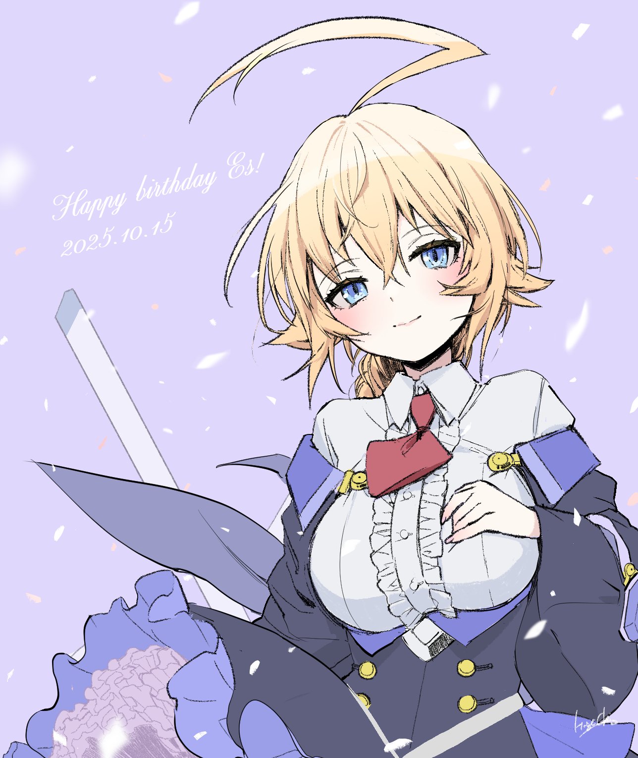 es (xblaze), blazblue, highres, 1girl, ahoge, blazblue pr, blush, breasts, closed mouth, dated, happy birthday, large breasts, purple background, shirt, short hair, simple background, smile, solo, upper body, white shirt