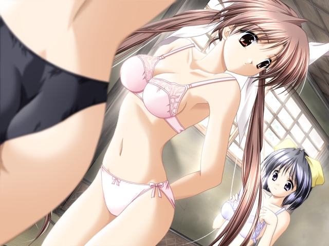 aoi hatori, nanase koyuki, tachibana kasumi, doki doki princess, game cg, non-web source, 3girls, ass, black eyes, black hair, black panties, blurry, bra, brown eyes, brown hair, depth of field, dutch angle, lingerie, long hair, multiple girls, navel, panties, pink panties, purple eyes, purple hair, short hair, twintails, underwear, underwear only