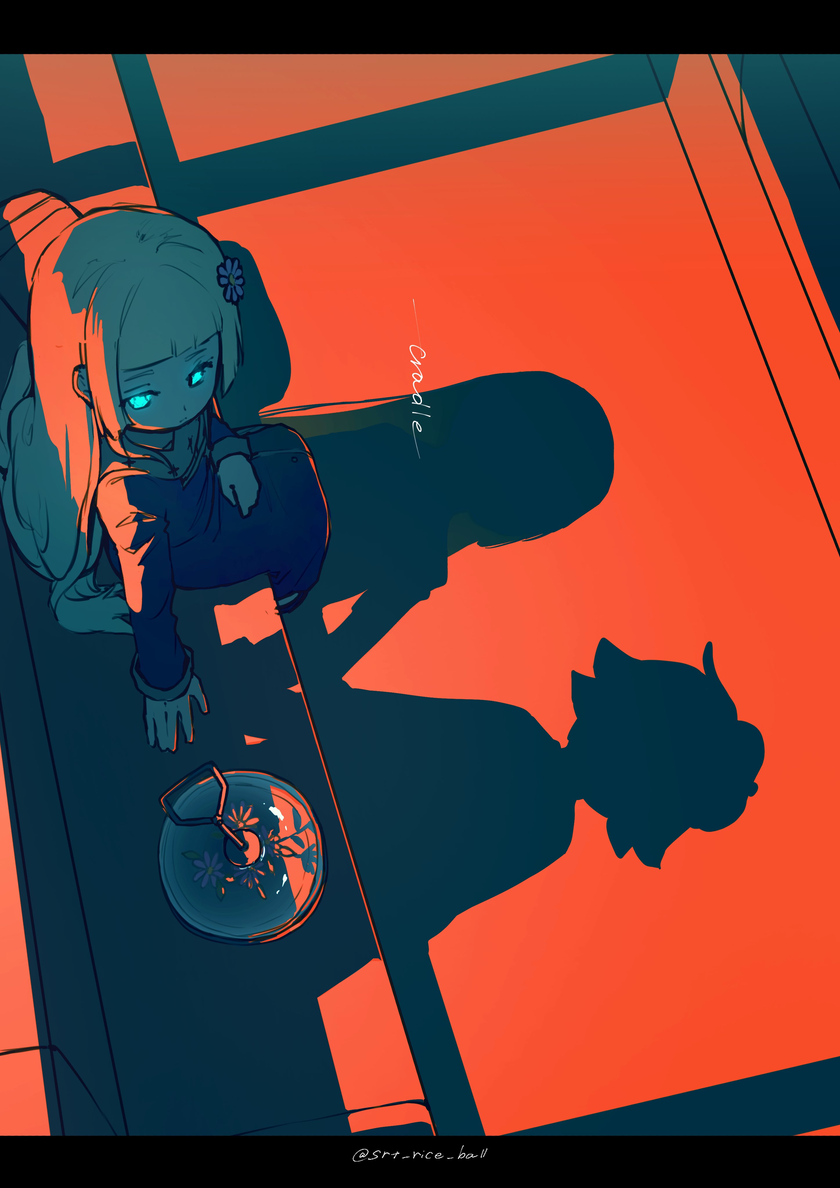 srt rice ball, original, absurdres, commentary, highres, symbol-only commentary, 1girl, artist name, black dress, blue eyes, blunt bangs, closed mouth, different shadow, dress, flower, glowing, glowing eyes, grey hair, hair flower, hair ornament, letterboxed, long hair, long sleeves, looking at object, orb, red background, shadow, sitting, solo, twitter username