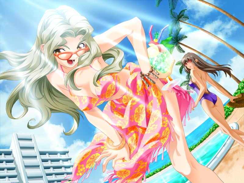 nishieda, yuuki ryouka, pure mail, silver hair, game cg, non-web source, 00s, 2girls, :d, bent over, bikini, brown eyes, brown hair, day, drink, dutch angle, fisheye, light rays, long hair, multiple girls, one-piece swimsuit, open mouth, outdoors, palm tree, pink bikini, pink sarong, pool, poolside, purple one-piece swimsuit, sarong, sky, smile, sunbeam, sunglasses, sunlight, swimsuit, tree