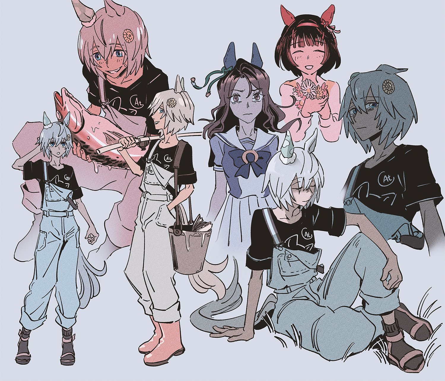 halveablock, king halo (umamusume), nishino flower (umamusume), seiun sky (casual) (umamusume), seiun sky (umamusume), umamusume, highres, 3girls, animal ears, black hair, black shirt, black socks, blue eyes, blue overalls, blunt bangs, bow, brown hair, bucket, closed eyes, closed mouth, ear covers, ear flower, ear ornament, fish, fishing rod, flower, grey hair, hair between eyes, hair flower, hair ornament, hairband, hairclip, holding, holding fishing rod, holding flower, horse ears, horse girl, horse tail, long hair, multiple girls, open mouth, overalls, pink hairband, puffy short sleeves, puffy sleeves, purple bow, purple shirt, red eyes, sailor collar, sailor shirt, sandals, school uniform, shirt, short hair, short sleeves, single ear cover, skirt, smile, socks, sunflower, sunflower hair ornament, suspenders, suspenders slip, tail, teeth, tracen school uniform, white sailor collar, white skirt, x hair ornament