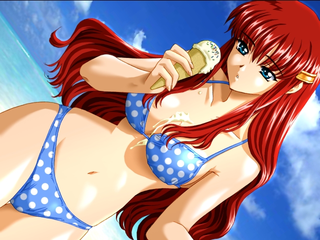 uema kotomi, fight! makoto, game cg, non-web source, 1girl, beach, bikini, blue bikini, blue eyes, day, dutch angle, female focus, food, ice cream, long hair, outdoors, polka dot, polka dot bikini, polka dot swimsuit, red hair, solo, swimsuit