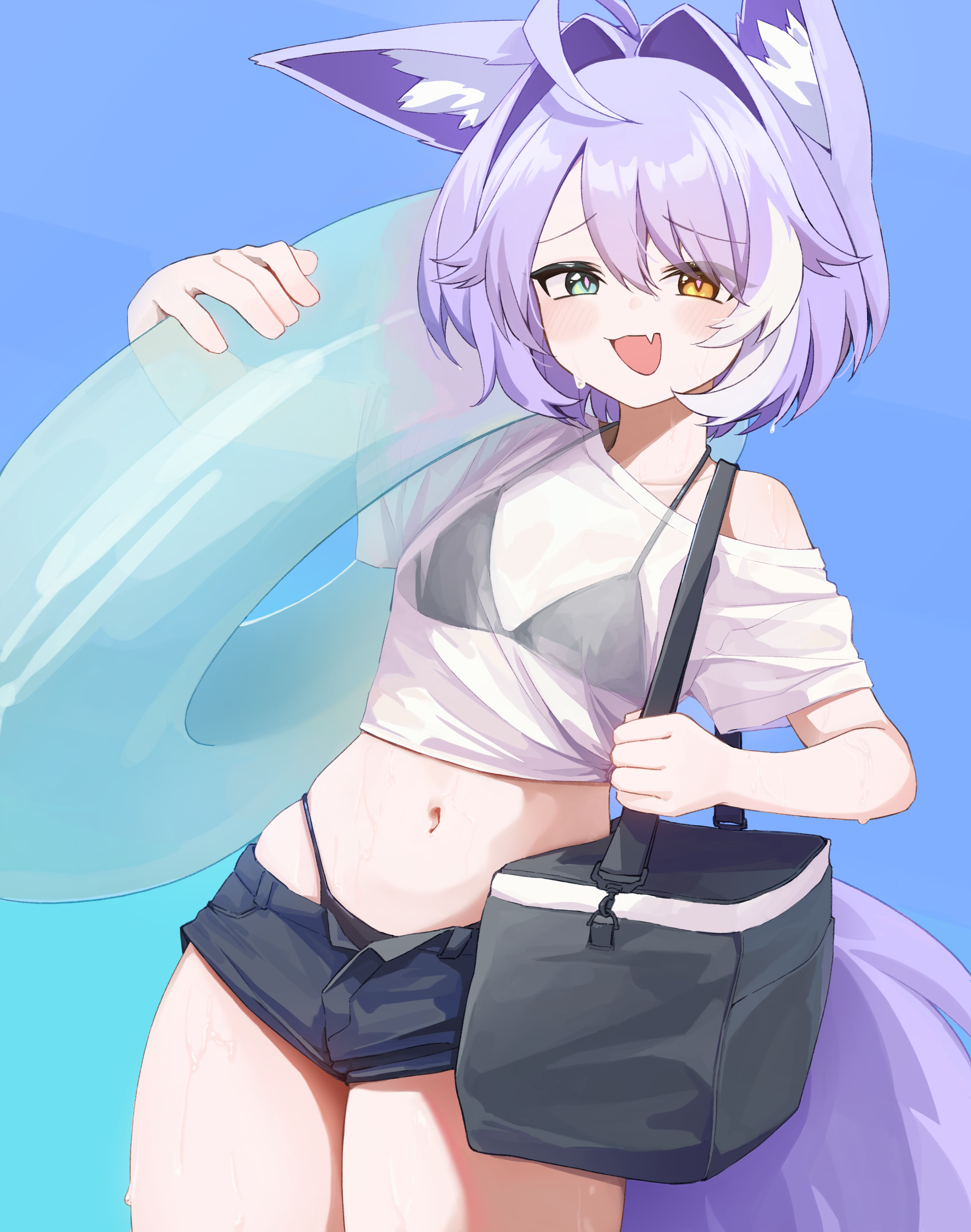 donggang17, tenko shibuki, stellive, absurdres, commentary request, highres, korean commentary, 1girl, animal ear fluff, animal ears, aqua eyes, bag, bikini, bikini under clothes, black bikini, bright pupils, collarbone, cowboy shot, crop top, cropped shirt, day, denim, denim shorts, fang, hair between eyes, heterochromia, holding, holding swim ring, innertube, light blush, long bangs, looking at viewer, micro shorts, midriff, multicolored hair, navel, off-shoulder shirt, off shoulder, open clothes, open fly, open mouth, open shorts, outdoors, parted bangs, pink pupils, purple hair, see-through clothes, see-through shirt, shirt, short hair, shorts, shoulder bag, skin fang, smile, solo, standing, streaked hair, string bikini, swim ring, swimsuit, white shirt, yellow eyes