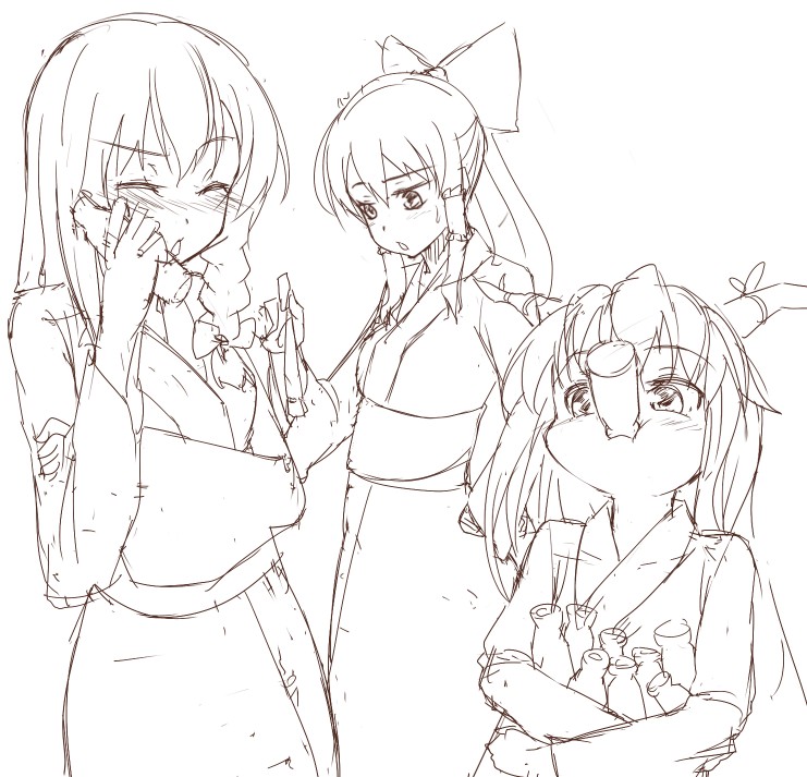 ket-c, hakurei reimu, ibuki suika, kirisame marisa, touhou, 3girls, alternate costume, blush, bottle, bow, braid, drinking, female focus, greyscale, hair bow, hair tubes, horn ornament, horn ribbon, horns, japanese clothes, kimono, monochrome, multiple girls, puffy cheeks, ribbon, side braid, sketch