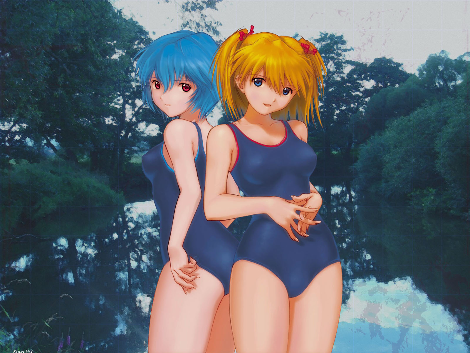 kobayashi yuji, ayanami rei, souryuu asuka langley, neon genesis evangelion, highres, 2girls, back, blue eyes, blue hair, forest, multiple girls, nature, one-piece swimsuit, outdoors, red eyes, red hair, ribbon, school swimsuit, swimsuit