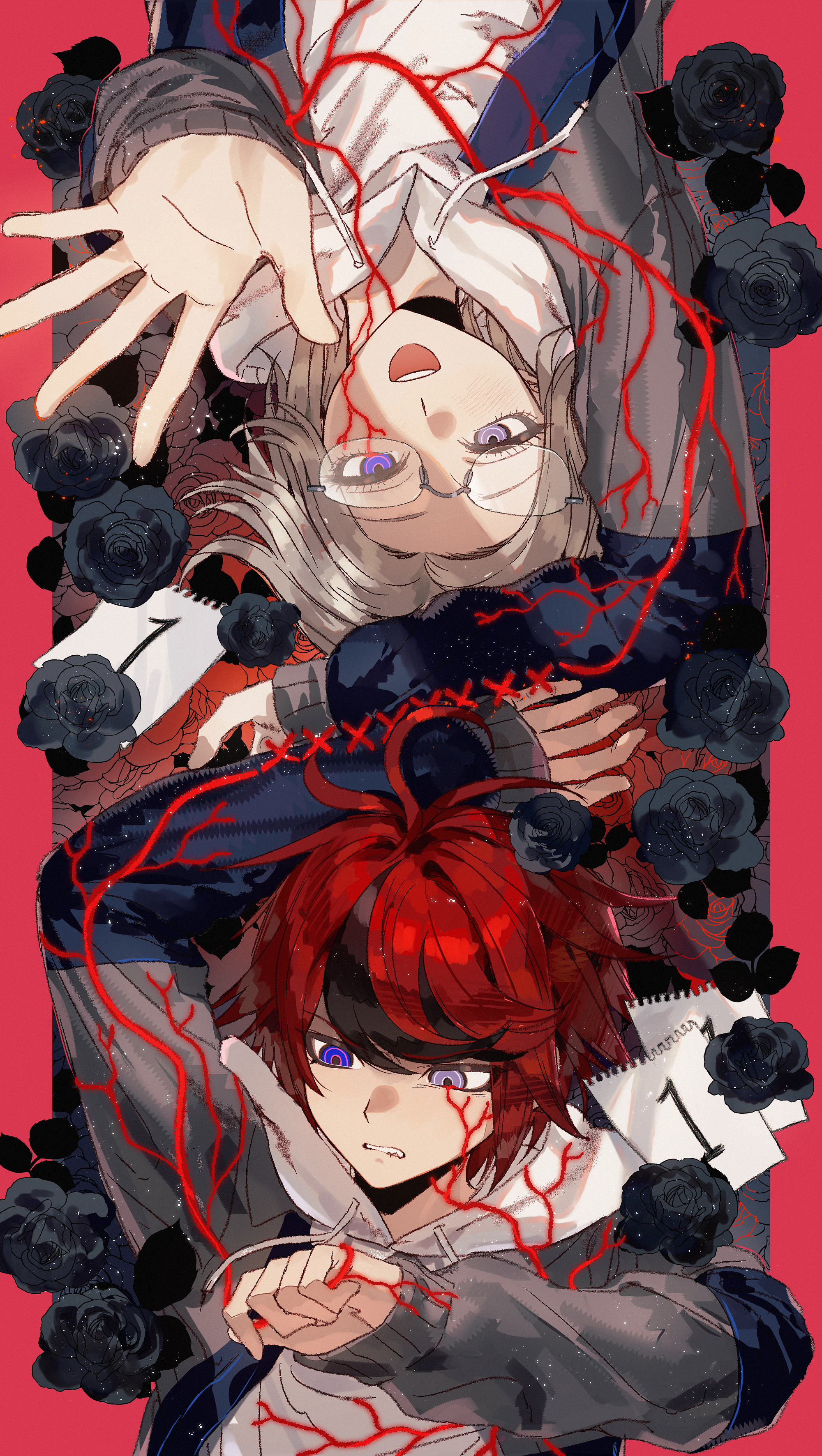 aotsuki eito, sumino takumi, the hundred line -last defense academy-, absurdres, chinese commentary, commentary, highres, spoilers, 2boys, :d, ahoge, black flower, black jacket, black rose, black streaks, blue eyes, border, clenched teeth, cosplay, flower, glasses, gloves, glowing veins, grey hair, grey jacket, heterochromia, hood, hoodie, jacket, jacket over hoodie, looking at viewer, male focus, multicolored hair, multicolored jacket, multiple boys, open clothes, open jacket, open mouth, outside border, outstretched hand, paper, purple eyes, red border, red hair, ringed eyes, rose, short hair, smile, streaked hair, string, string of fate, sumino takumi (cosplay), syuu 1125, teeth, two-tone jacket, white hoodie