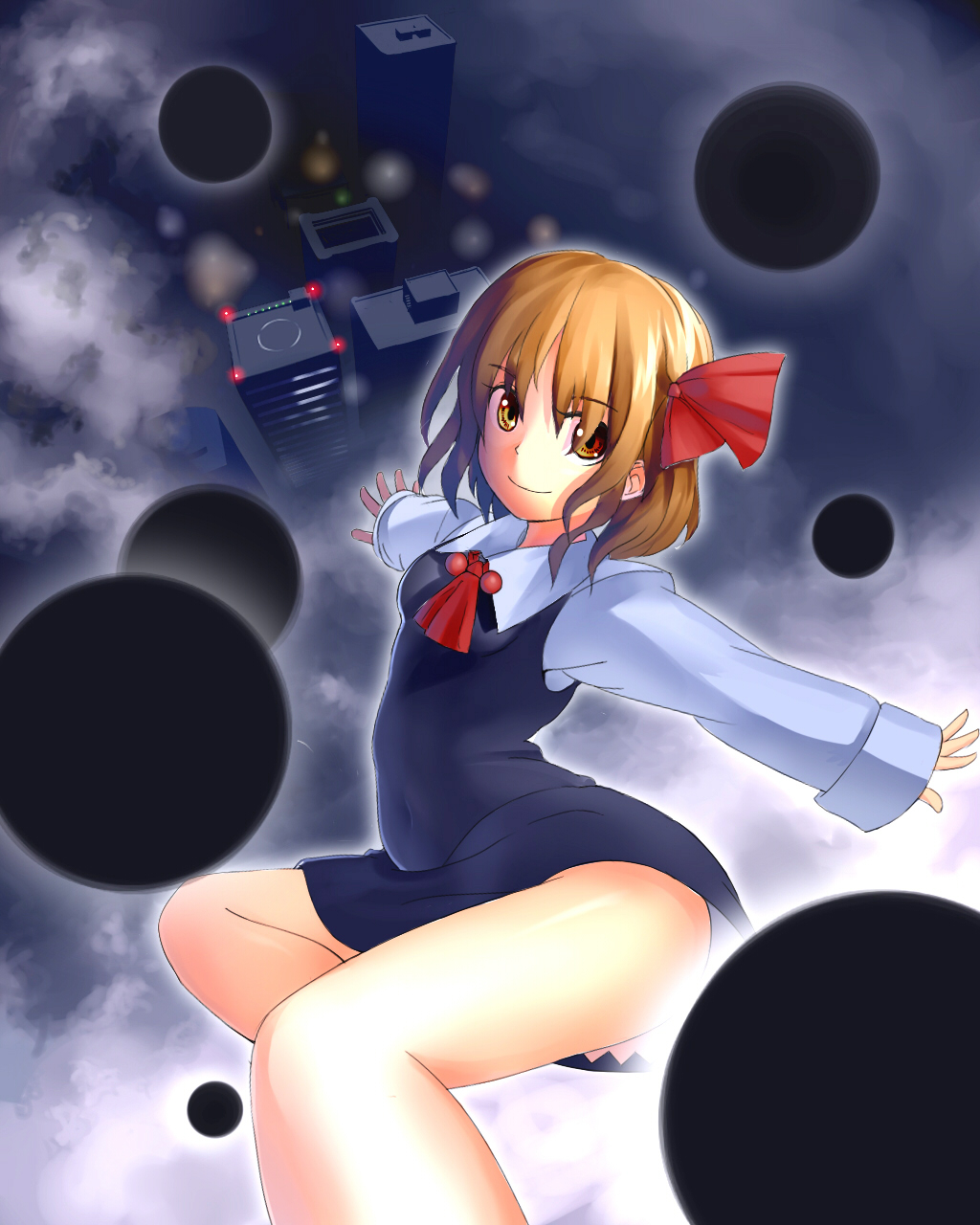 orga (pixiv), organ derwald, rumia, embodiment of scarlet devil, touhou, highres, 1girl, ascot, black dress, blonde hair, bow, building, city, curvy, darkness, dress, female focus, floating, from above, hair bow, hair ribbon, happy, legs, looking at viewer, necktie, outstretched arms, perspective, red eyes, red ribbon, ribbon, shirt, short hair, smile, solo, spread arms, white shirt, wing collar, yellow eyes