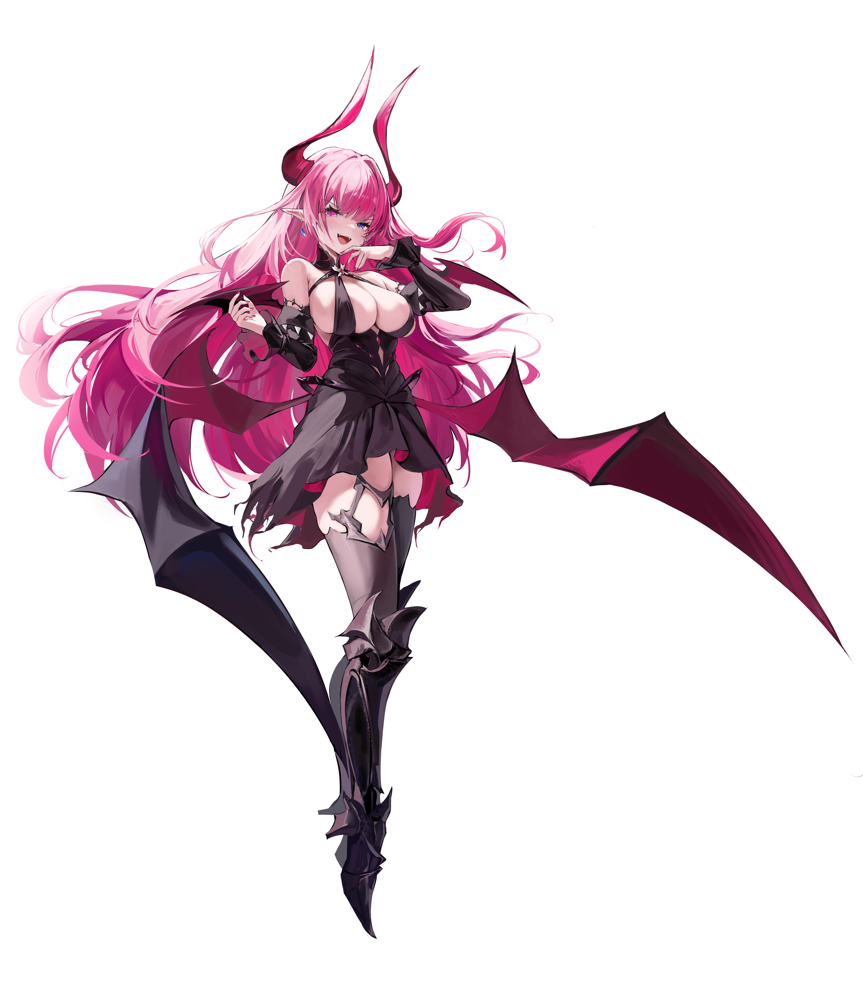 xiuluoniqia, mecklenburg (azur lane), azur lane, absurdres, highres, large variant set, variant set, 1girl, armored boots, black boots, black dress, blue eyes, boots, demon girl, demon horns, demon wings, detached sleeves, dress, earrings, fangs, full body, heterochromia, horns, jewelry, long hair, looking at viewer, open mouth, pink eyes, pink hair, pink horns, pink nails, pointy ears, simple background, solo, white background, wings