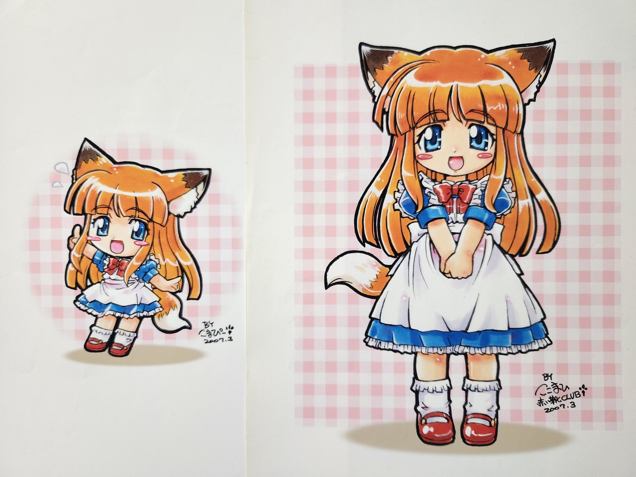kokomahi, original, commentary request, highres, traditional media, 1girl, alice kitsune (alicefox76), animal ear fluff, animal ears, apron, arm up, artist name, back bow, blue dress, blue eyes, blush stickers, bow, bowtie, brown shoes, chibi, circle name, dated, dress, flying sweatdrops, fox ears, fox girl, fox tail, frilled apron, frilled dress, frilled socks, frills, full body, index finger raised, long hair, looking at viewer, mary janes, multiple views, open mouth, orange hair, puffy short sleeves, puffy sleeves, red bow, red bowtie, shoes, short sleeves, signature, smile, socks, standing, tail, v arms, white apron, white bow, white socks