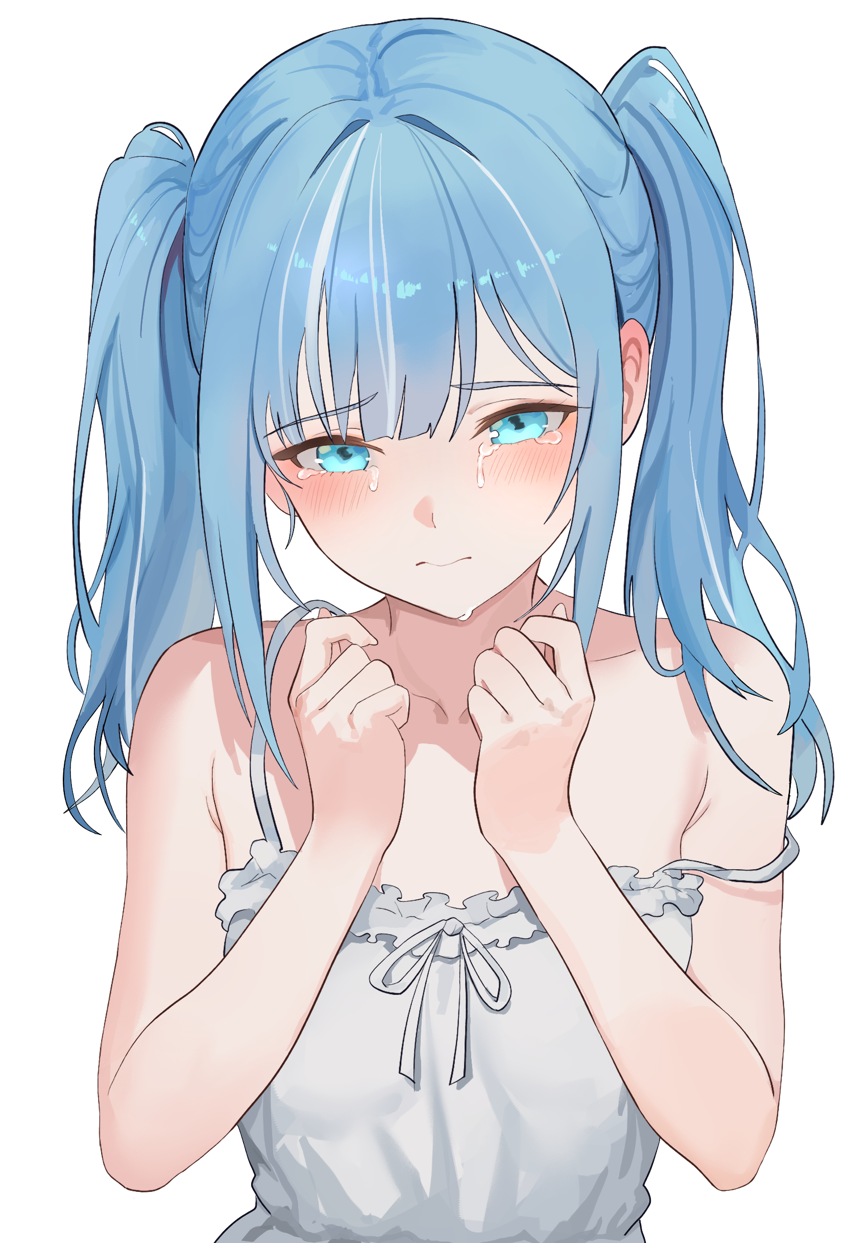 nbee ya, arahashi tabi, stellive, absurdres, commentary request, highres, korean commentary, mixed-language commentary, 1girl, armpit crease, blue eyes, blue hair, camisole, closed mouth, collarbone, crying, crying with eyes open, grey camisole, hands up, long hair, looking at viewer, multicolored hair, parted bangs, simple background, solo, spaghetti strap, straight-on, strap slip, streaked hair, streaming tears, tears, twintails, upper body, virtual youtuber, white background