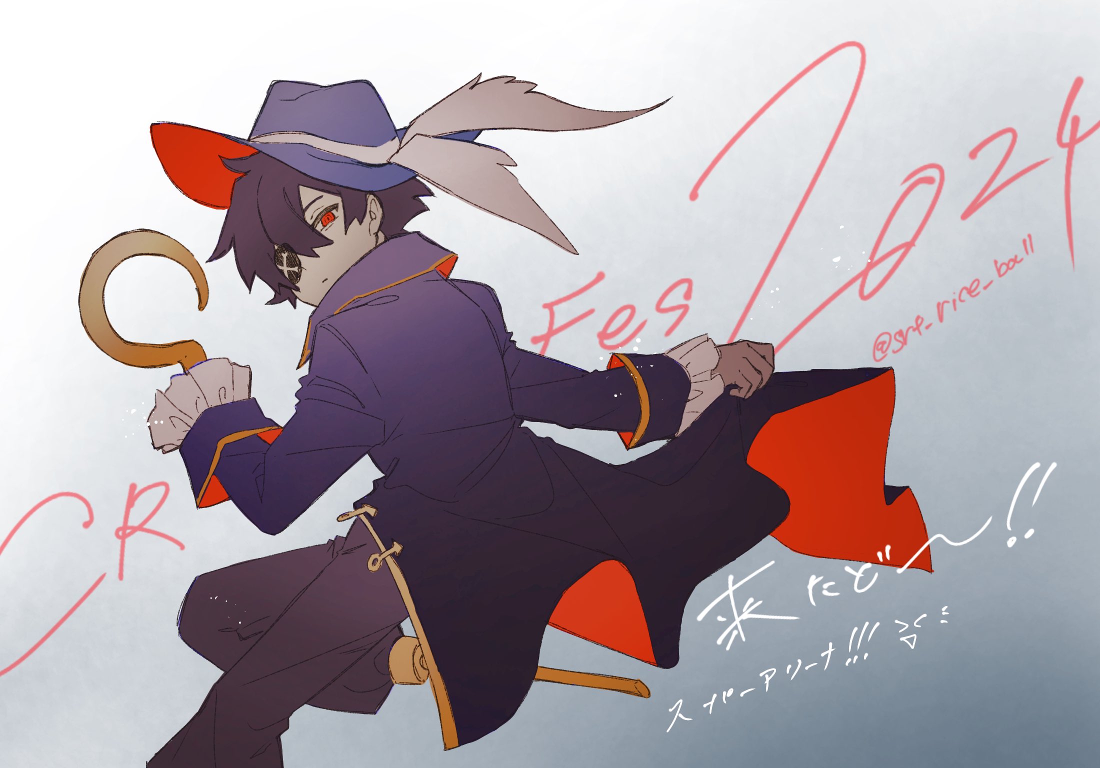 srt rice ball, original, commentary request, highres, 1boy, 2024, artist name, black hair, black pants, blue coat, blue hat, closed mouth, coat, collared coat, eyepatch, from side, hair between eyes, hat, hat feather, hook, hook hand, long sleeves, looking at viewer, male focus, pants, parted bangs, red eyes, short hair, simple background, solo, twitter username, white background