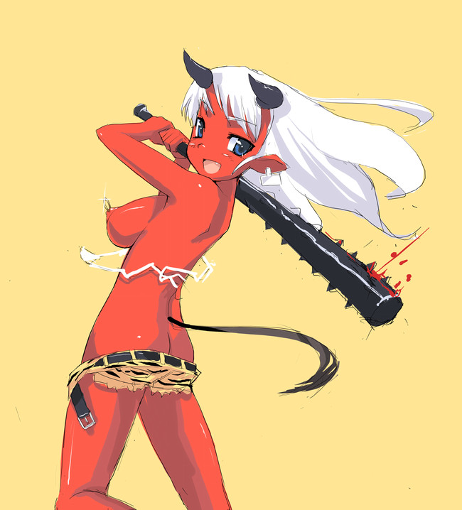 non-web source, 1girl, animal print, ass, blood, blue eyes, breasts, butt crack, club, club (weapon), colored skin, demon, demon girl, fang, female focus, horns, kanabou, large breasts, nipple piercing, nipples, oni, perky breasts, piercing, red oni, red skin, solo, tail, tiger print, topless female, wardrobe malfunction, weapon, white hair