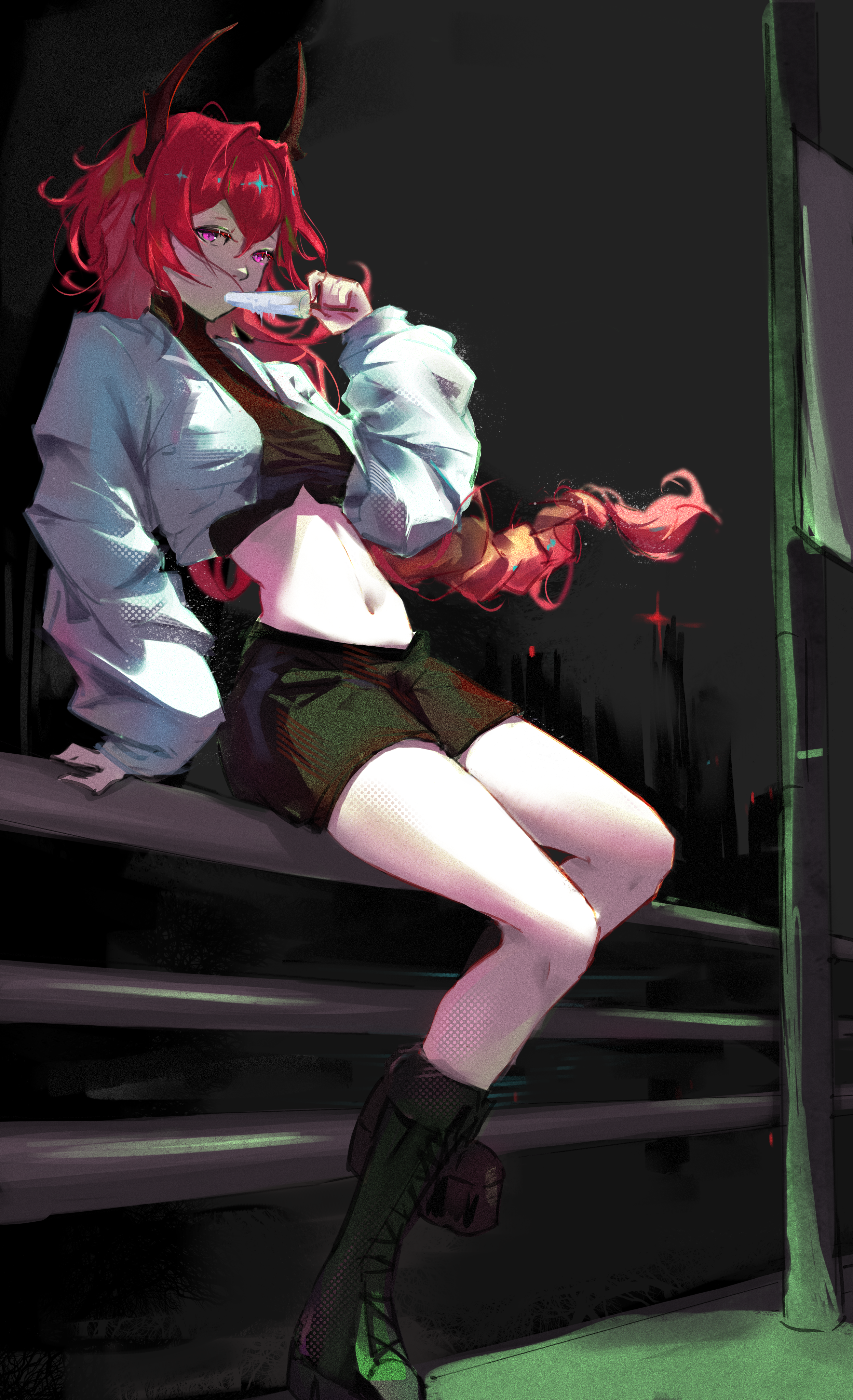 tometome1342, surtr (arknights), arknights, absurdres, highres, 1girl, alternate costume, black boots, black horns, black shorts, black tank top, boots, breasts, crop top, cropped jacket, demon girl, demon horns, food, full body, hair between eyes, hair intakes, holding, holding food, holding popsicle, horns, jacket, knee boots, long hair, looking at viewer, midriff, navel, night, outdoors, popsicle, purple eyes, red hair, short shorts, shorts, sitting, solo, stomach, tank top, white jacket