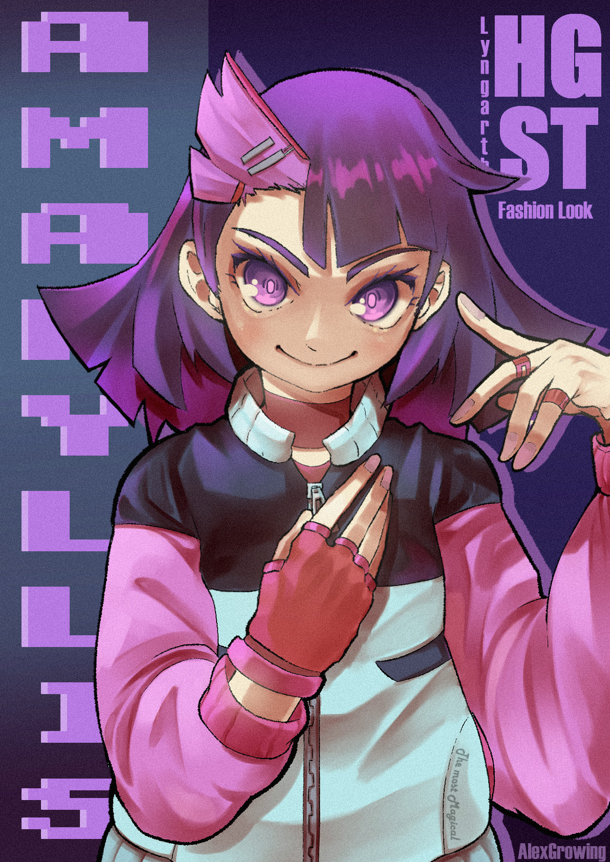 amaryllis (high guardian spice), high guardian spice, commentary, english commentary, highres, 1girl, alex growing, artist name, asymmetrical bangs, bandaid, bandaid on finger, bandaid on hand, black jacket, blue jacket, bracelet, breasts, bright pupils, character name, closed mouth, film grain, fingerless gloves, flipped hair, gloves, hair behind ear, hair ornament, hand on own chest, hands up, jacket, jewelry, long sleeves, looking at viewer, medium hair, multicolored jacket, nail polish, pink jacket, pink nails, pink pupils, pointing, pointing at self, puffy long sleeves, puffy sleeves, purple background, purple eyes, purple hair, red gloves, simple background, single fingerless glove, single glove, small breasts, smile, solo, straight-on, upper body, v-bangs, v-shaped eyebrows, zipper