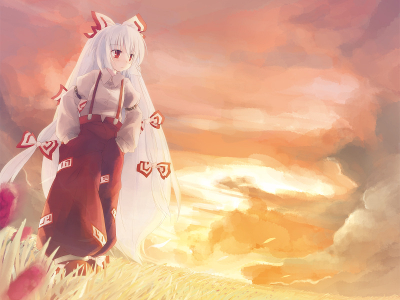 yukitarou (awamori), yuuki tatsuya, fujiwara no mokou, touhou, 1girl, bow, female focus, field, grass, hair ribbon, hand in pocket, long hair, looking afar, nature, red eyes, ribbon, solo, sunset, suspenders, walking, white hair