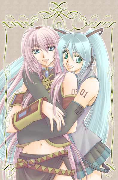 marimo (pixiv494401), marimon, hatsune miku, megurine luka, vocaloid, bad id, bad pixiv id, 2girls, :d, aqua eyes, aqua hair, armband, bare shoulders, belt, black detached sleeves, blue eyes, blue gemstone, brooch, collared shirt, couple, detached sleeves, female focus, gem, green eyes, hair between eyes, happy, headphones, headset, hug, hug from behind, jewelry, long hair, looking at viewer, midriff, multiple belts, multiple girls, nail polish, navel, open mouth, pink hair, round teeth, shirt, side slit, skirt, sleeveless, sleeveless shirt, sleeveless turtleneck, smile, standing, tattoo, teeth, turtleneck, twintails, very long hair, yellow detached sleeves, yuri