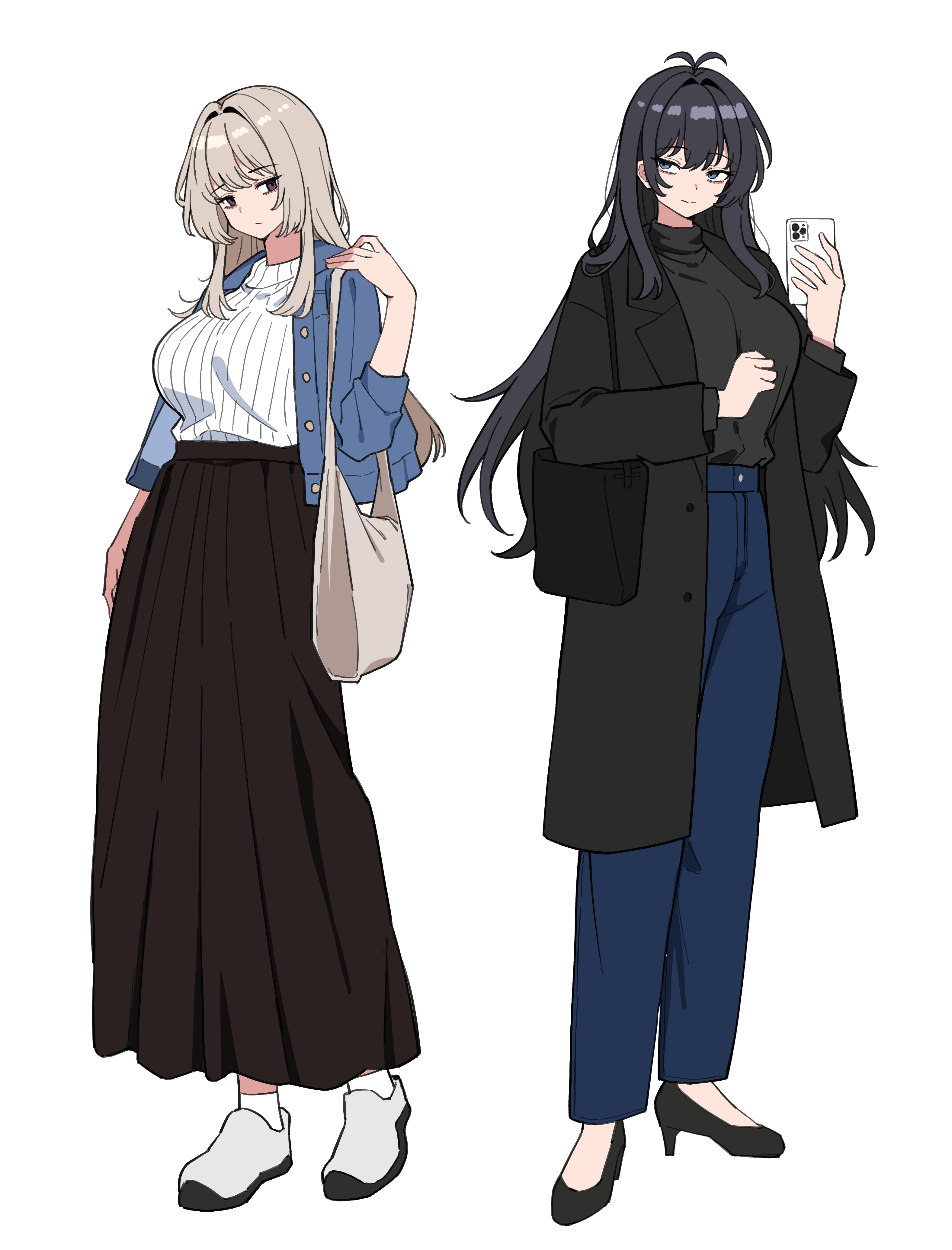 siribang1215, original, absurdres, commentary request, highres, korean commentary, 2girls, antenna hair, bag, black coat, black eyes, black hair, black shoes, black skirt, black sweater, blue eyes, blue jacket, blue pants, breasts, brown hair, cellphone, closed mouth, coat, expressionless, grey shoes, hair intakes, hand up, high heels, holding, holding phone, jacket, large breasts, long hair, long skirt, long sleeves, multiple girls, open clothes, open coat, open jacket, pants, phone, pleated skirt, ribbed sweater, shoes, shoulder bag, sidelocks, simple background, skirt, smartphone, sweater, sweater tucked in, turtleneck, turtleneck sweater, unbuttoned, very long hair, white background, white sweater, wispy bangs