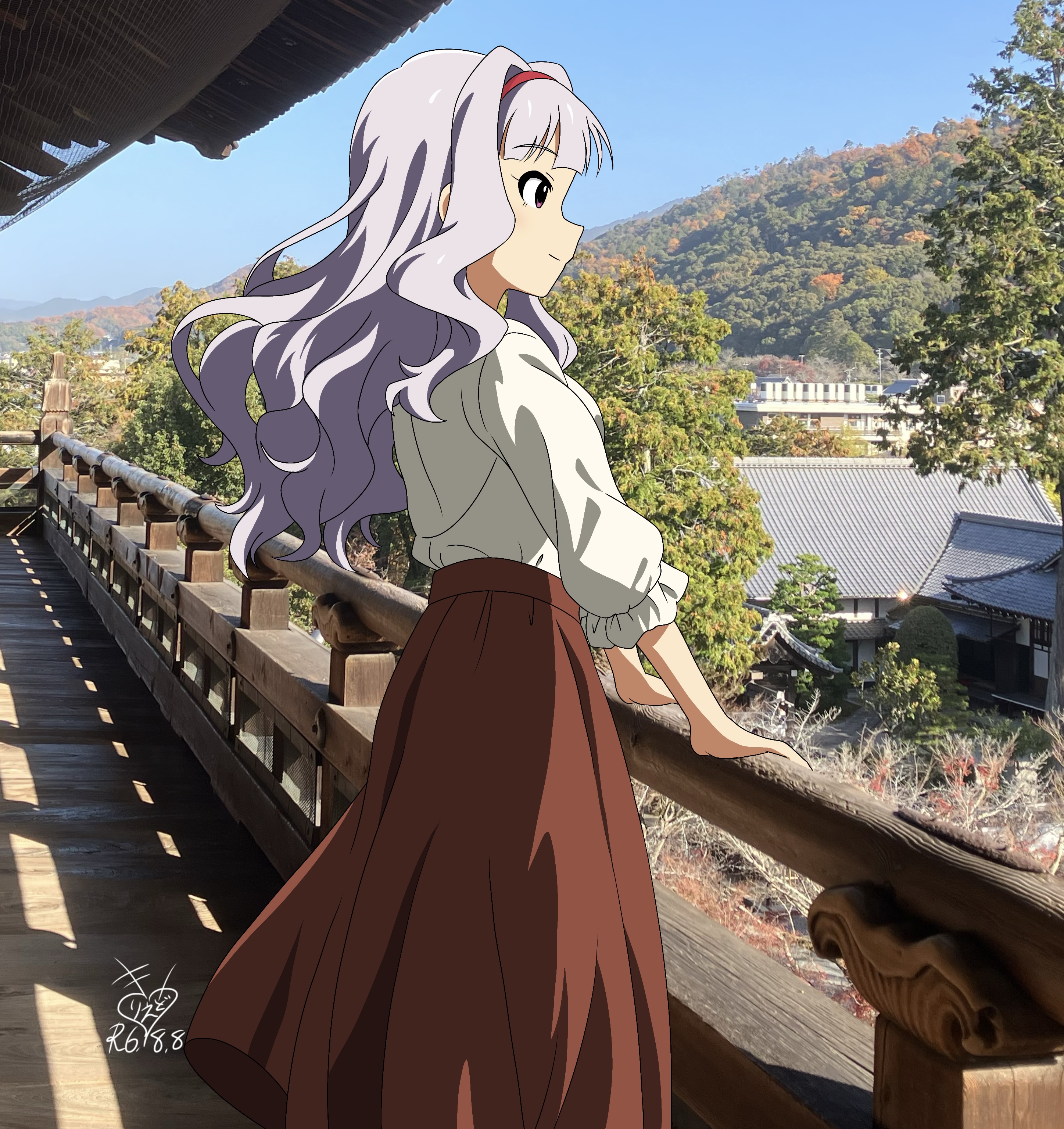 kirie dou, shijou takane, idolmaster, absurdres, commentary, highres, 1girl, blue sky, from behind, from side, grey hair, hairband, kyoto, long hair, long skirt, long sleeves, nanzen-ji, photo background, red hairband, red skirt, shirt, signature, skirt, sky, smile, solo, tree, white shirt