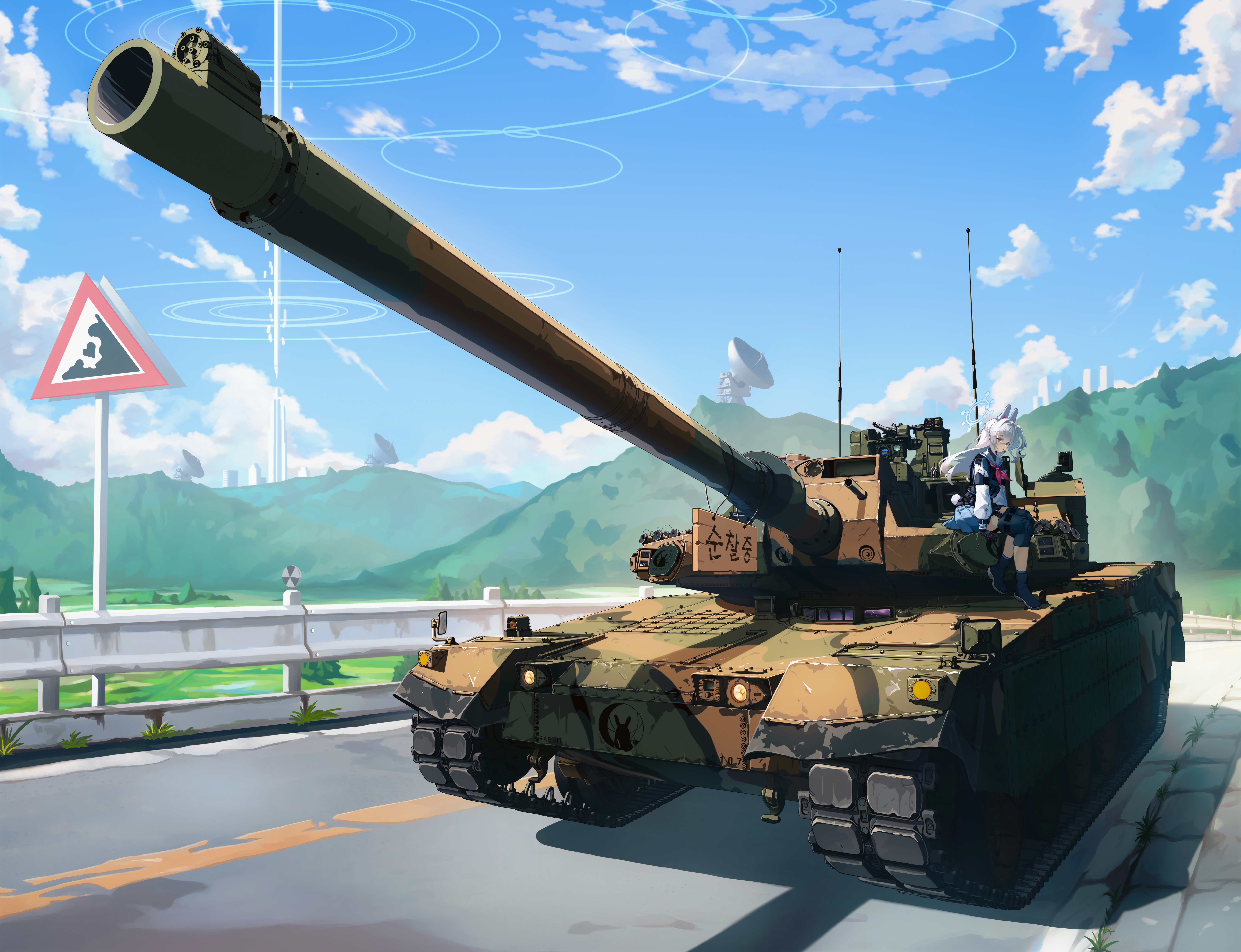mikanjam, miyako (blue archive), blue archive, original, absurdres, commentary, english commentary, highres, 1girl, animal ears, antennae, armband, black bow, blue halo, blue serafuku, blue sky, boots, bow, braid, browning m2, building, bulletproof vest, caterpillar tracks, cityscape, cloud, day, emblem, fake animal ears, falling rocks sign, full body, gloves, grass, gun, hair bow, half up half down braid, halo, hanging sign, heavy machine gun, hill, k2 black panther, kivotos, knee pads, long hair, machine gun, military vehicle, motor vehicle, neckerchief, on tank, outdoors, pillar of light, pink neckerchief, pouch, purple eyes, rabbit ears, railing, remote weapon system, road, satellite dish, school uniform, serafuku, shadow, sign, sitting, sky, smoke grenade launcher, studded gloves, tactical clothes, tactical school uniform, tank, tank turret, two-tone gloves, vest, weapon, white hair