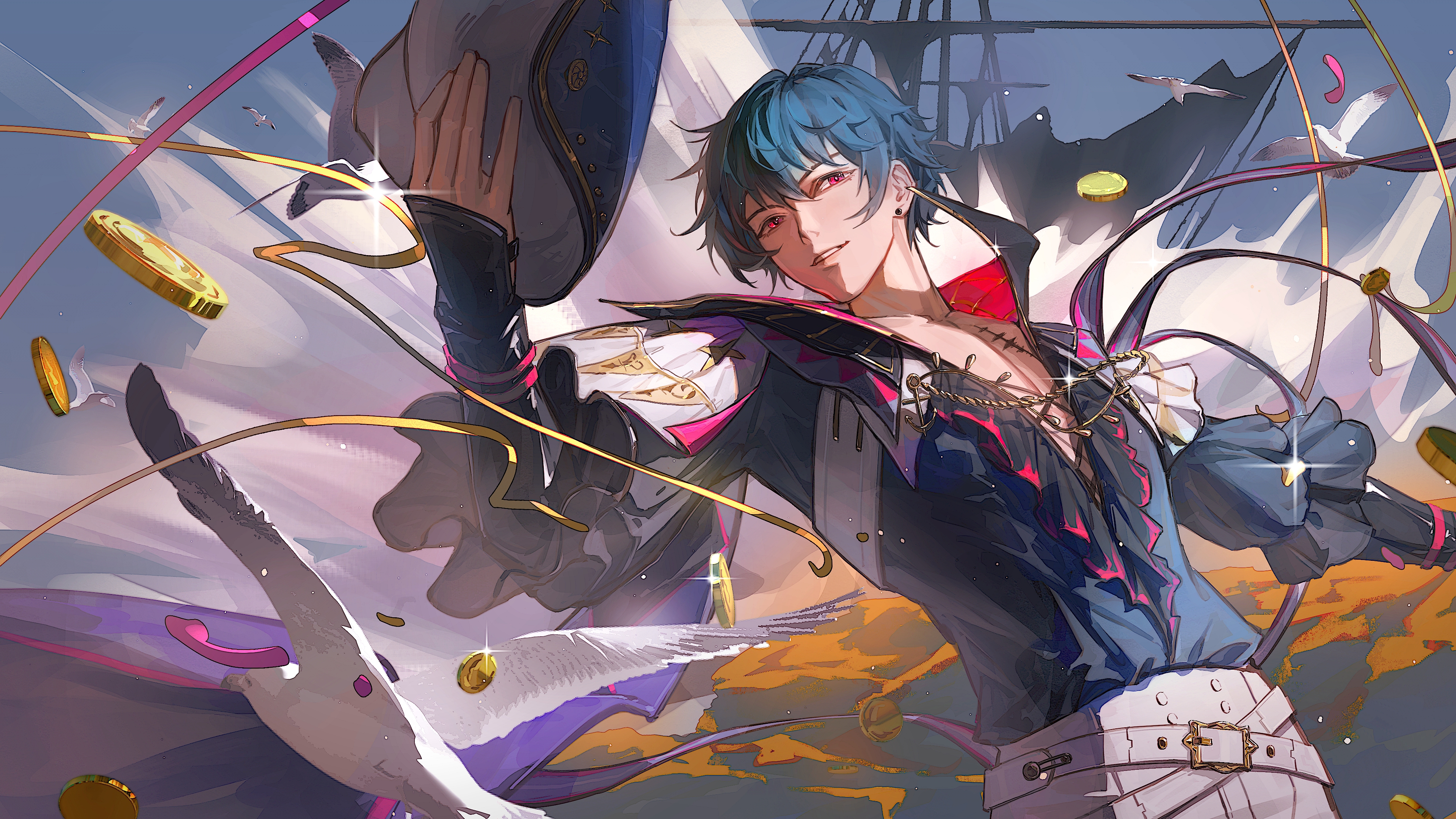 xiao'er yushiwuzheng, brant (wuthering waves), wuthering waves, absurdres, chinese commentary, commentary, highres, 1boy, anchor ornament, belt, bird, blouse, blue hair, blue shirt, blue sky, boat, body markings, cape, coin, confetti, crossed belts, floating cape, floating clothes, gold coin, hat, high collar, holding, holding unworn clothes, holding unworn hat, lapel chain, light particles, looking at viewer, male focus, mast, multiple belts, pants, parted lips, pectoral cleavage, pectorals, red eyes, sail, sailboat, seagull, shirt, short hair, sky, smile, solo, tacet mark (wuthering waves), toned, toned male, unworn hat, unworn headwear, upper body, watercraft, white belt, white bird, white cape, white hat, white pants