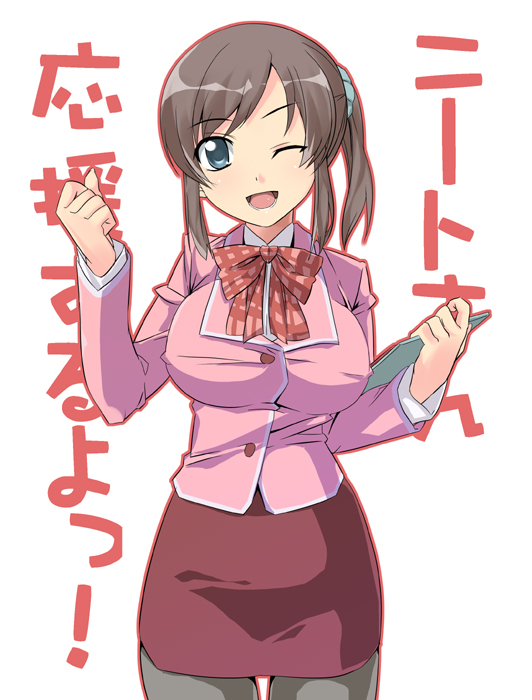 date (senpen), blue eyes, breasts, brown eyes, large breasts, pantyhose, wink