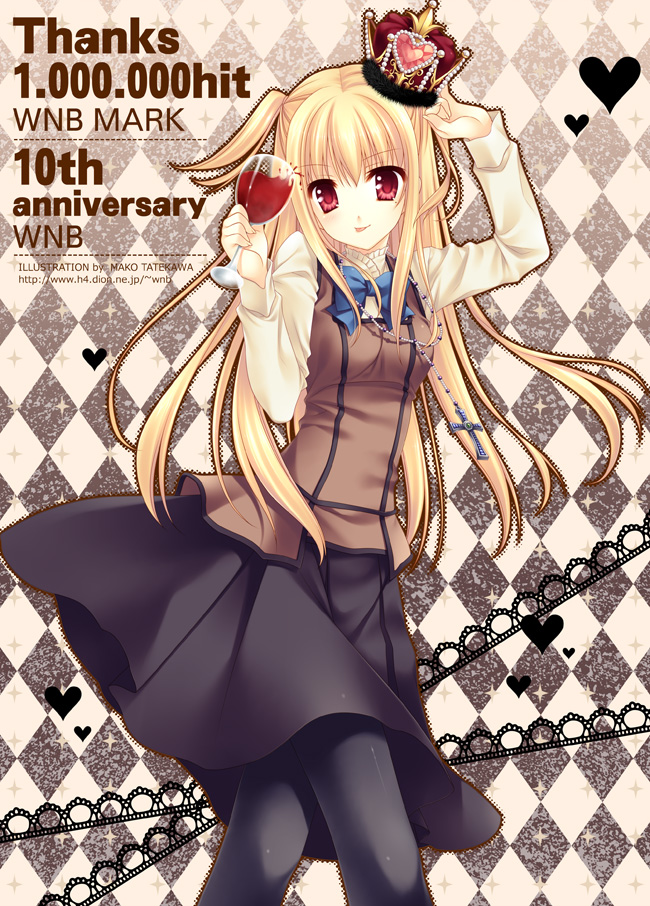 tatekawa mako, wnb mark, shidou mariya, maria holic, 00s, 1boy, :p, blonde hair, crown, cup, drinking glass, long hair, male focus, mole, mole under eye, pantyhose, red eyes, school uniform, solo, tongue, tongue out, trap, twintails, two side up, wine glass