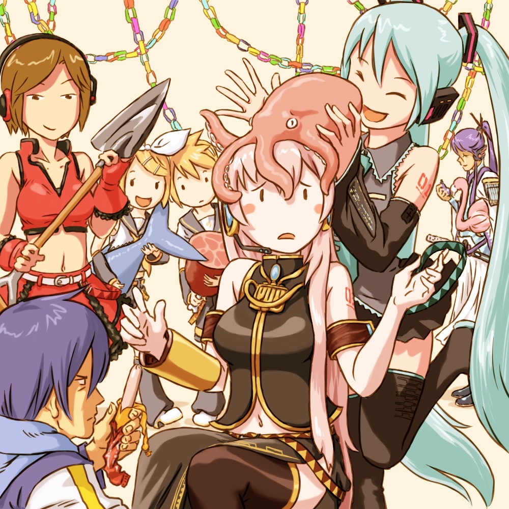 peajon, hatsune miku, kagamine len, kagamine rin, kaito (vocaloid), kamui gakupo, megurine luka, meiko (vocaloid), sakine meiko, vocaloid, 3boys, 5girls, bird, boned meat, eggplant, everyone, family, fish, flamingo, food, meat, multiple boys, multiple girls, octopus, paper chain, party, sausage, shovel, tattoo, thighhighs, tuna, twintails, worktool