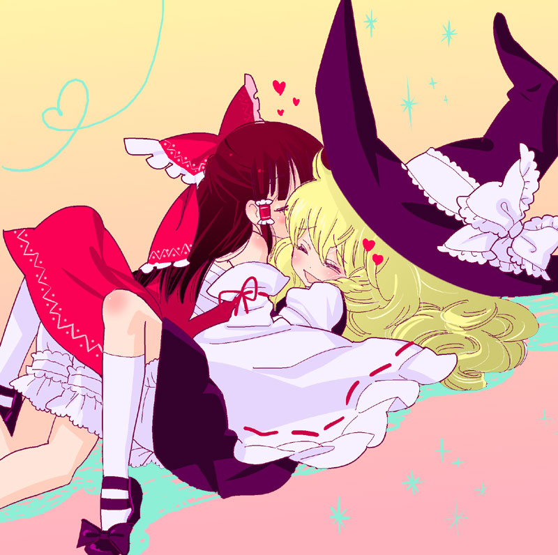 kemeko (artist), hakurei reimu, kirisame marisa, touhou, bad id, bad pixiv id, 2girls, blonde hair, bloomers, braid, brown hair, female focus, hat, japanese clothes, long hair, multiple girls, sarashi, underwear, witch, witch hat, yuri