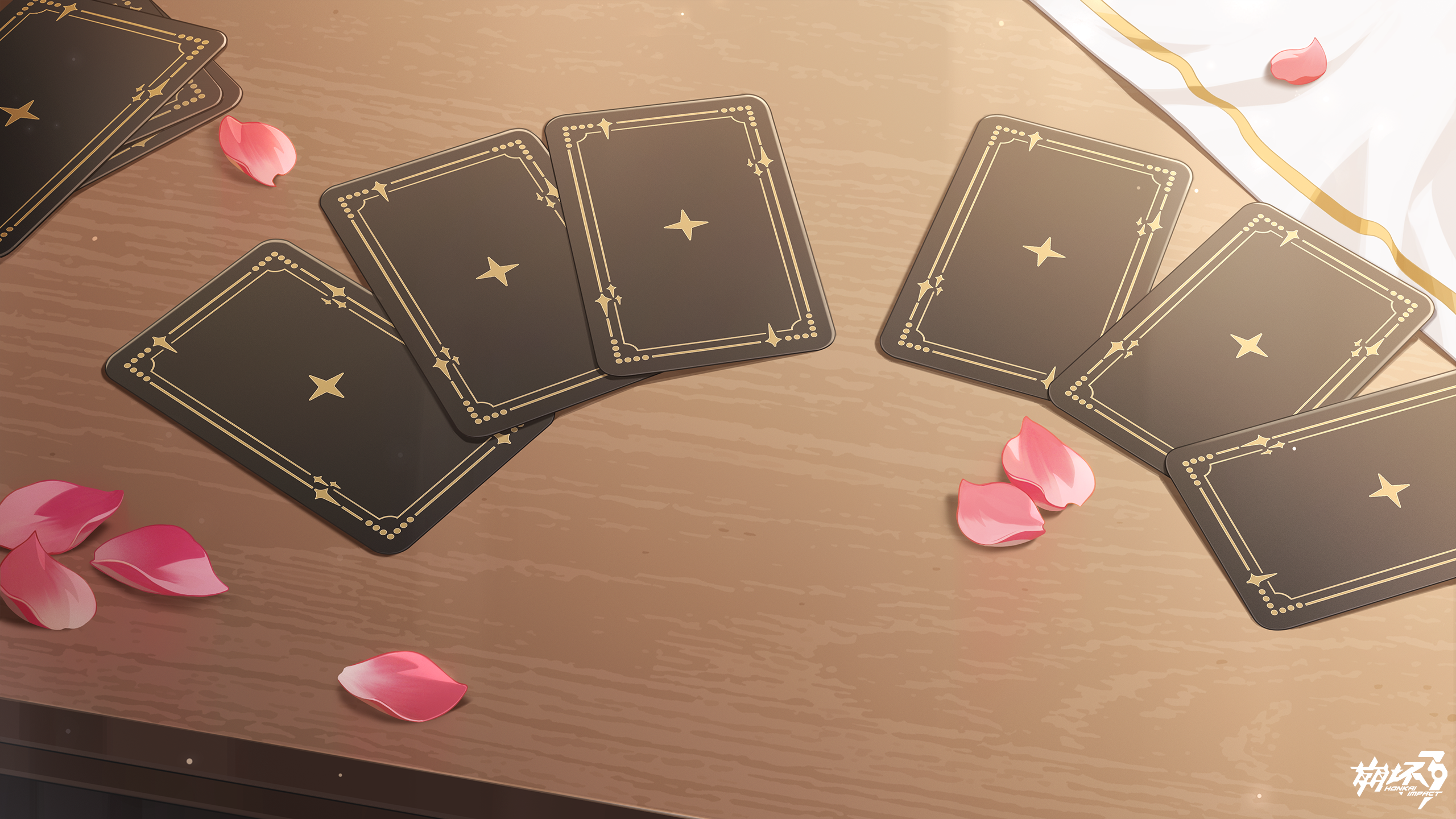 honkai (series), honkai impact 3rd, chinese commentary, commentary request, game cg, highres, official art, card, copyright logo, falling petals, logo, no humans, petals, pink petals, table, wooden table