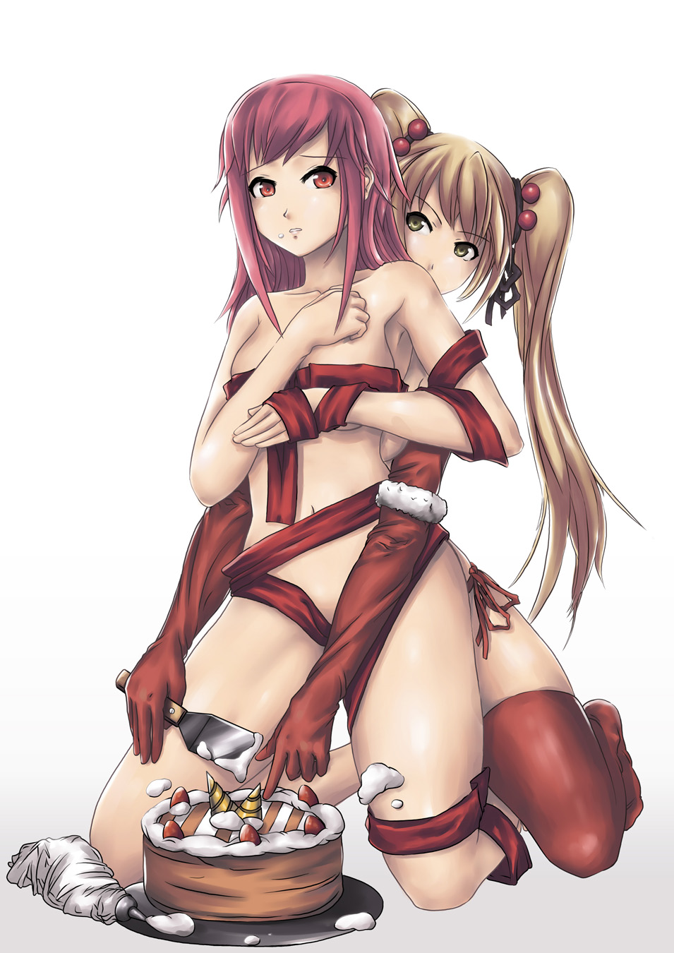 softmode, original, highres, 2girls, blonde hair, brown eyes, cake, cream, elbow gloves, food, food on face, gloves, hair bobbles, hair ornament, kneeling, multiple girls, naked ribbon, pastry, pink hair, red eyes, ribbon, thighhighs, twintails, yuri