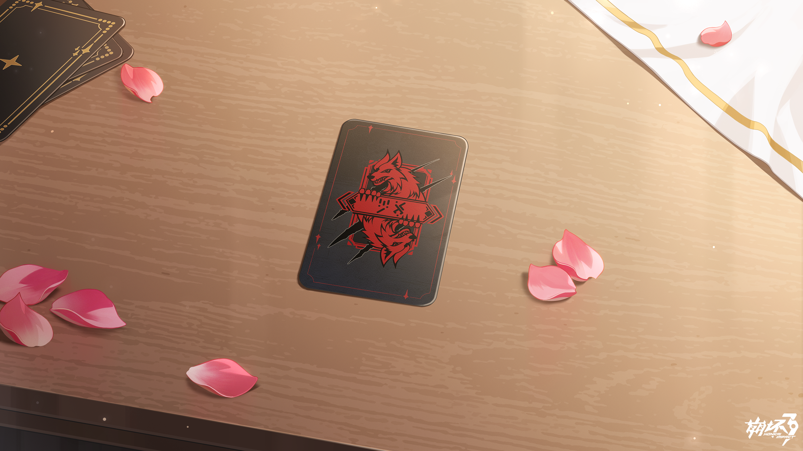 honkai (series), honkai impact 3rd, chinese commentary, commentary request, game cg, highres, official art, card, copyright logo, falling petals, logo, no humans, petals, pink petals, table, wooden table
