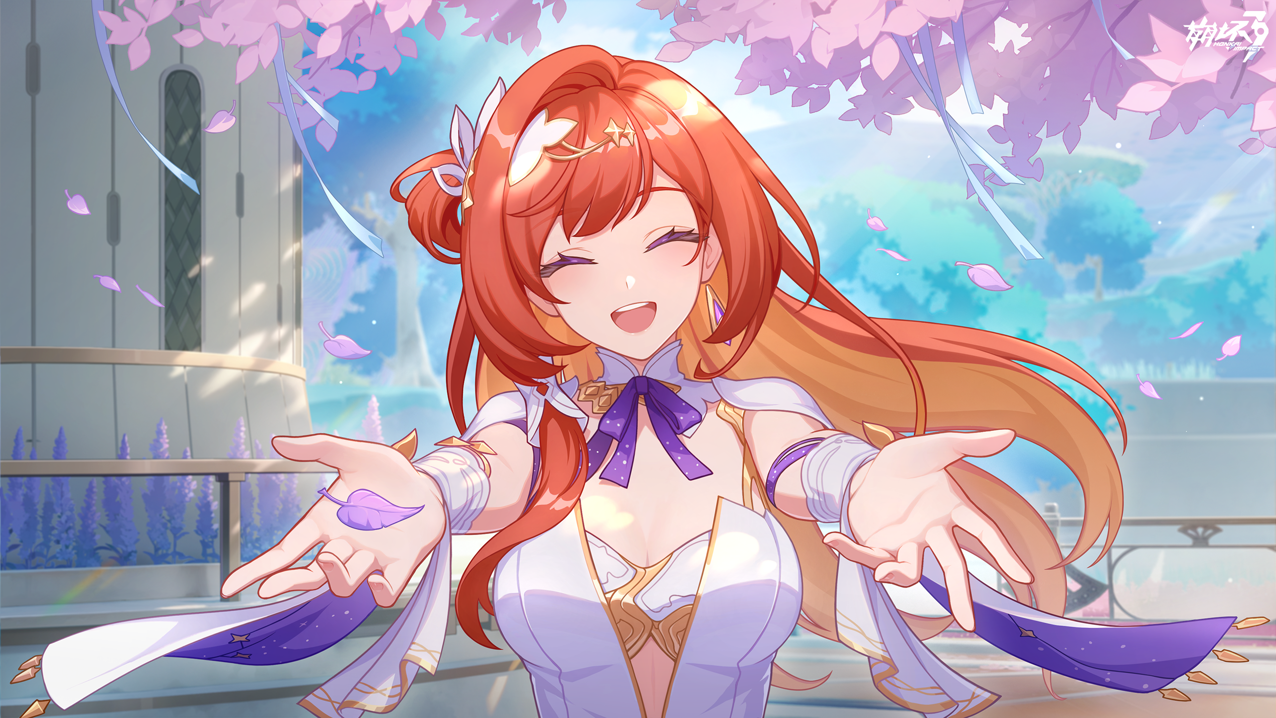 senadina, senadina (cocoon of unwoven), honkai (series), honkai impact 3rd, chinese commentary, commentary request, game cg, highres, official art, 1girl, breasts, cleavage cutout, clothing cutout, copyright logo, dress, earrings, falling leaves, jewelry, large breasts, leaf, logo, long hair, outdoors, reaching, reaching towards viewer, smile, solo, upper body, white dress