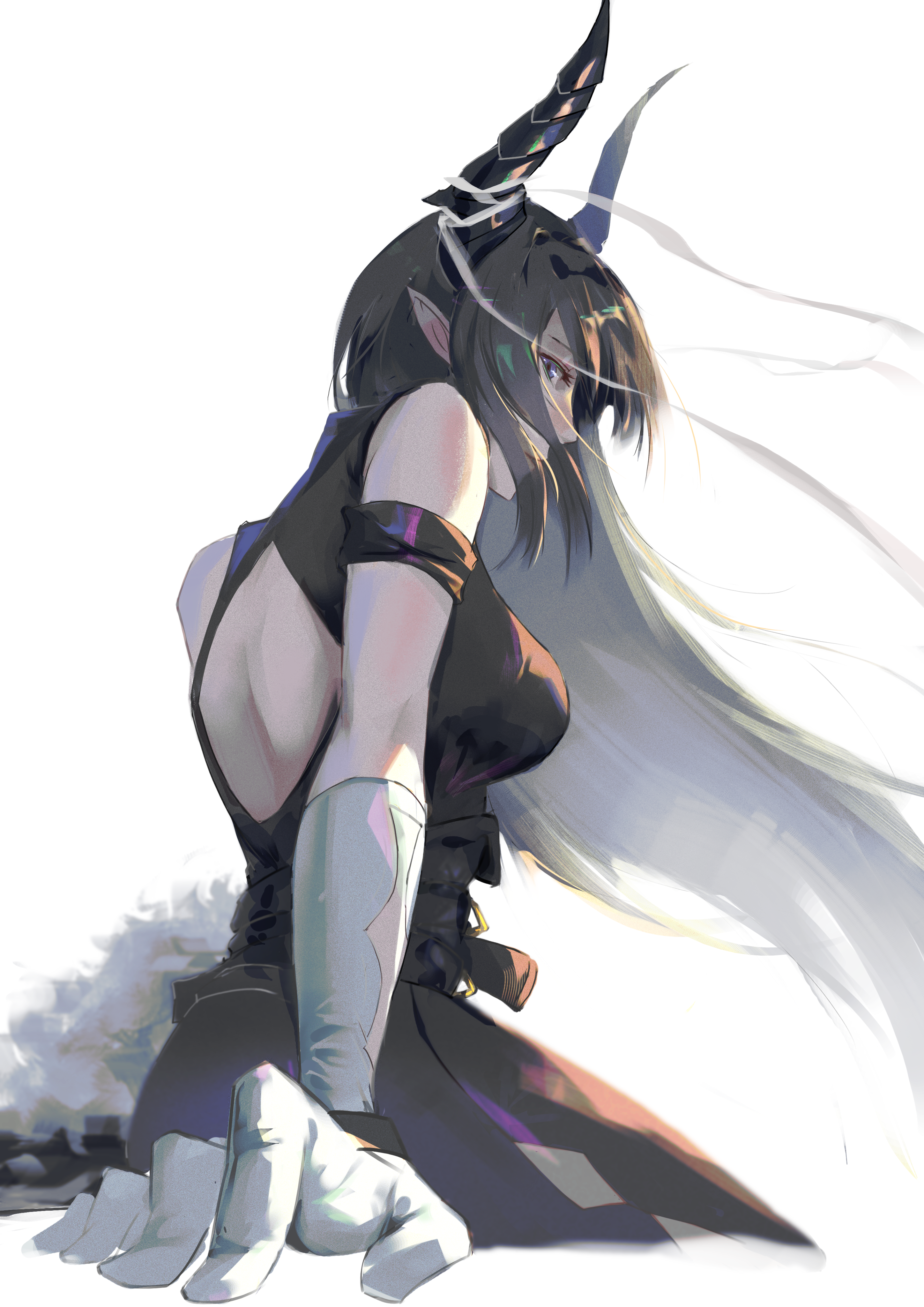 tometome1342, qalaisa (arknights), arknights, absurdres, commentary, highres, 1girl, bare shoulders, black dress, black hair, black horns, breasts, cropped torso, demon horns, dress, gloves, horn ornament, horn ribbon, horns, long hair, looking at viewer, looking to the side, pointy ears, ribbon, solo, very long hair, white background, white gloves