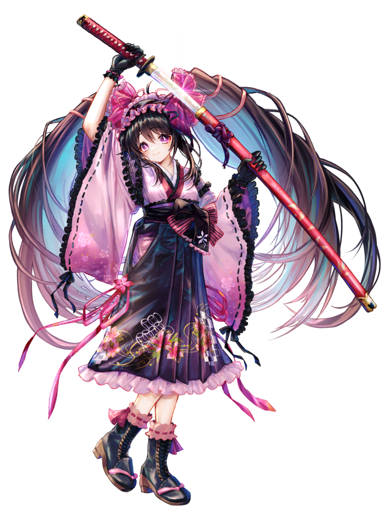 kaibara akehiko, dairoku ryouhei, 1girl, arm up, black boots, black gloves, black hair, black skirt, boots, full body, gloves, holding, holding sword, holding weapon, japanese clothes, kimono, long hair, looking at viewer, pink ribbon, purple eyes, ribbon, ribbon-trimmed sleeves, ribbon trim, satsuki ukagami, sheath, skirt, smile, solo, sword, transparent background, twintails, unsheathing, very long hair, weapon, wide sleeves
