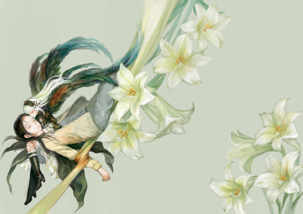 miya (foolish order), kakizaki megu, suigintou, rozen maiden, silver hair, 00s, 2girls, black hair, boots, closed eyes, doll joints, easter lily, flower, hairband, hug, joints, knee boots, lily (flower), long hair, multiple girls, size difference, white flower, wings