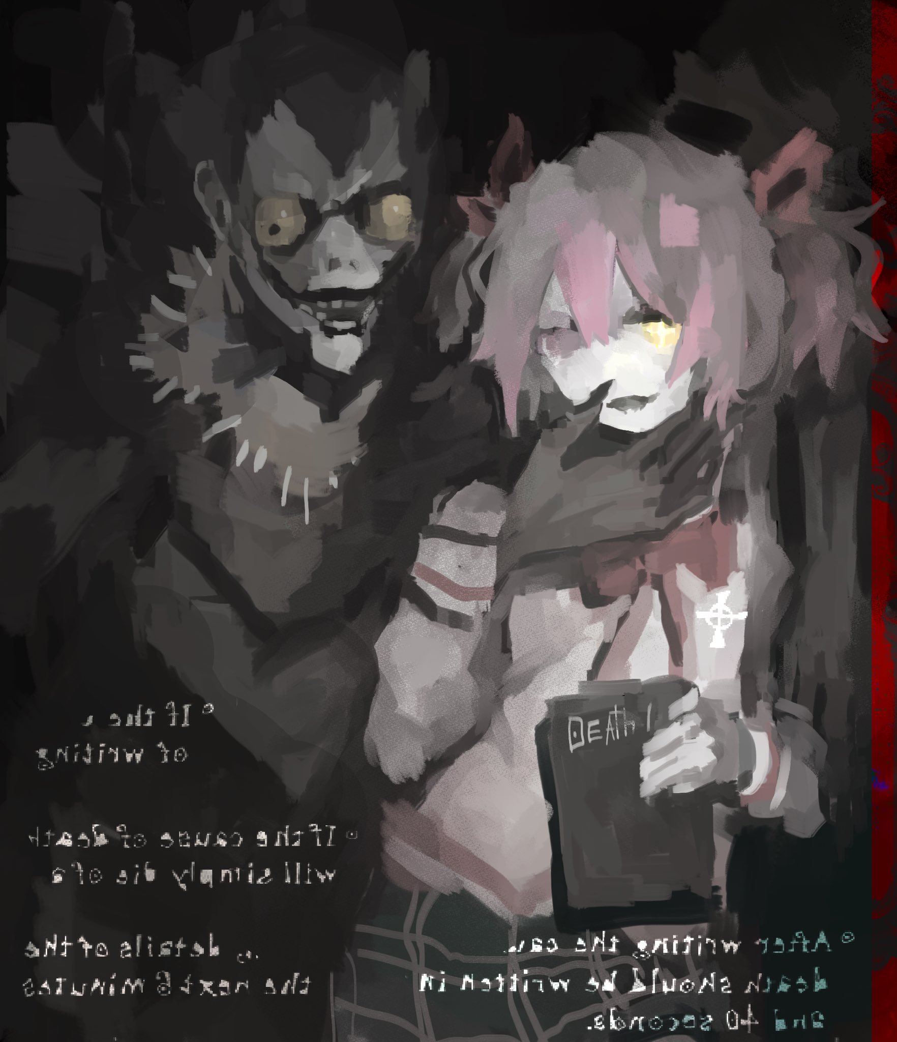 yoruseh, kaname madoka, ryuk, death note, mahou shoujo madoka magica, highres, crossover, heterochromia, looking at viewer, pink hair, school uniform