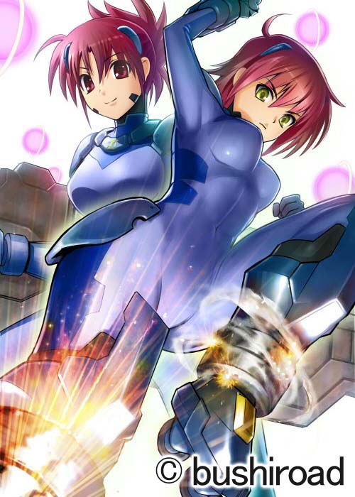 momose hisashi, jet edge, nove (nanoha), numbers (nanoha), wendi (nanoha), lyrical nanoha, mahou shoujo lyrical nanoha, mahou shoujo lyrical nanoha strikers, 00s, 2girls, angry, bodysuit, inline skates, multiple girls, red eyes, red hair, roller skates, short hair, skates, skin tight, smile, yellow eyes