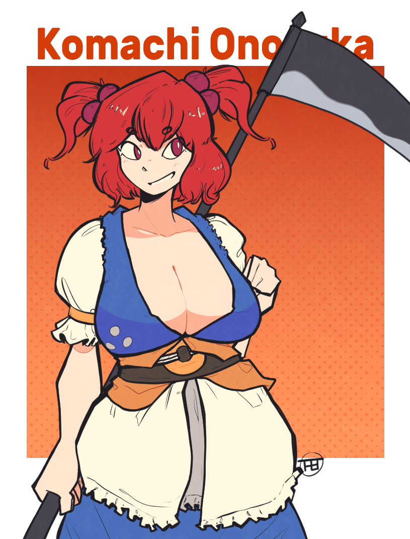 the t, onozuka komachi, touhou, 1girl, blue kimono, border, breasts, cleavage, cowboy shot, grin, hair bobbles, hair ornament, holding, holding scythe, huge breasts, japanese clothes, kimono, obi, orange background, red eyes, red hair, sash, scythe, short sleeves, smile, two side up, white border