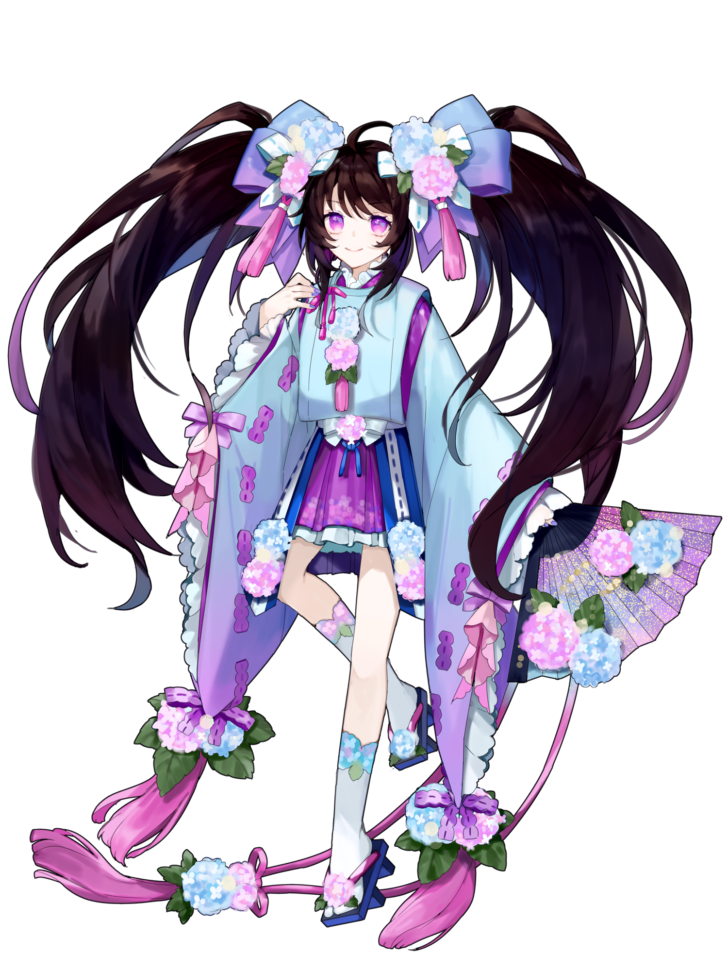 pbwdouka, dairoku ryouhei, highres, 1girl, ahoge, black hair, blue bow, bow, folding fan, full body, geta, hair bow, hand fan, hand up, holding, holding fan, japanese clothes, long hair, looking at viewer, purple eyes, purple nails, satsuki ukagami, skirt, smile, socks, solo, standing, tassel, transparent background, twintails, very long hair, white socks