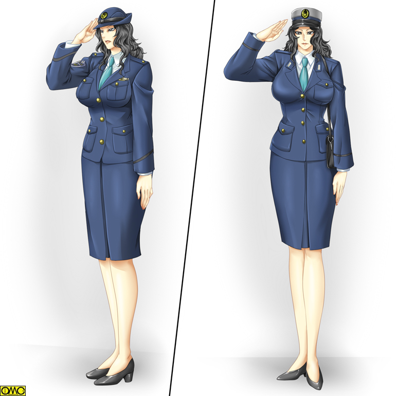 type6, aoi futaba, taiho shichauzo, 1girl, bag, black hair, breasts, crossdressing, crossdressing (ftm), curly hair, handbag, hat, high heels, huge breasts, japan national police, long hair, necktie, pencil skirt, police, police uniform, policewoman, salute, shoes, skirt, trap, type51, wavy hair