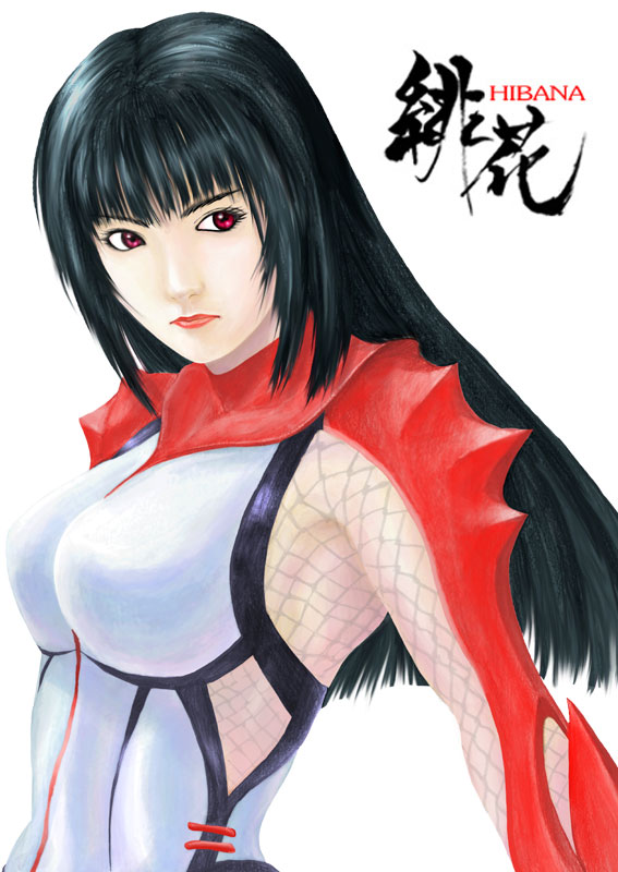 takeyama yuusuke, hibana, kunoichi (game), sega, shinobi (game), 1girl, black hair, bodysuit, breasts, female focus, large breasts, long hair, ninja, red eyes, skin tight, solo, spandex