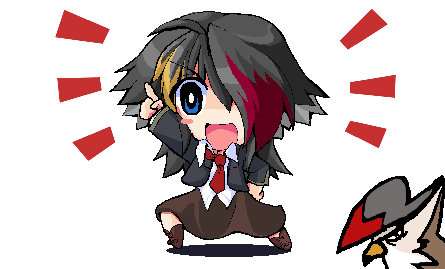 kotojima motoki, kotoshima, staraptor, moemon, nintendo, pokemon, saturday night fever, bad id, bad pixiv id, blue eyes, chibi, creature and personification, gen 4 pokemon, hair over one eye, hand on own hip, hip focus, multicolored hair, necktie, personification, pokemon (creature), short hair, solo