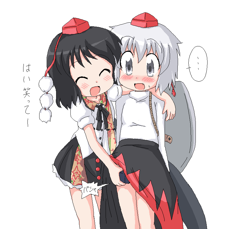 geetsu, inubashiri momiji, shameimaru aya, touhou, translated, 2girls, ^ ^, blush, camera, closed eyes, clothes lift, collared shirt, fang, female focus, female pervert, hat, multiple girls, oekaki, pervert, shirt, simple background, skirt, skirt lift, speech bubble, tokin hat, white background