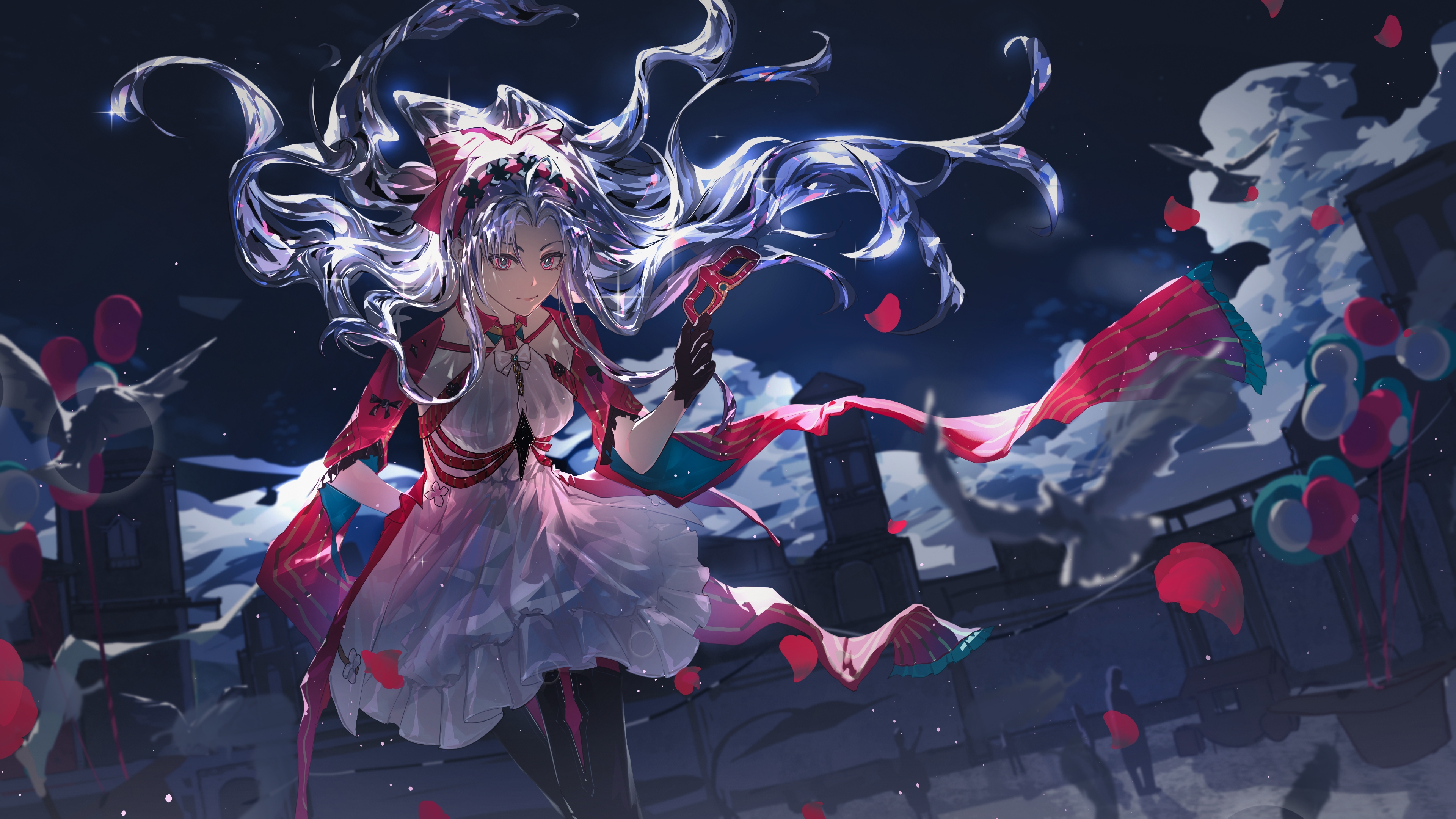 xiao'er yushiwuzheng, carlotta (wuthering waves), wuthering waves, absurdres, chinese commentary, commentary, highres, 1girl, ahoge, arm behind back, balloon, bird, black boots, black gloves, boots, bow, cart, city, cloud, collared dress, crossed legs, crystal hair, diffraction spikes, dress, eye mask, falling feathers, feathers, feet out of frame, floating hair, forehead, gloves, glowing, glowing hair, hair bow, hairband, holding, holding mask, lens flare, light particles, looking at viewer, mask, night, night sky, parted bangs, people, pink bow, pink hairband, pink sleeves, sky, smile, solo focus, star (sky), thigh boots, white bird, white dress, white hair