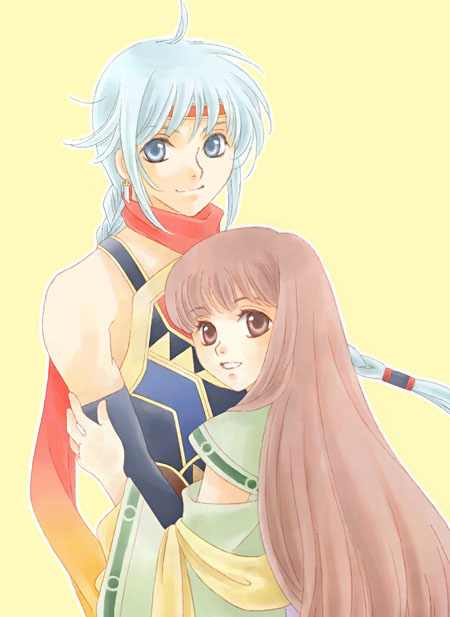 yucke, freyjadour falenas, lymsleia falenas, gensou suikoden, gensou suikoden v, 1boy, 1girl, brother and sister, brown eyes, brown hair, long hair, siblings, simple background, smile