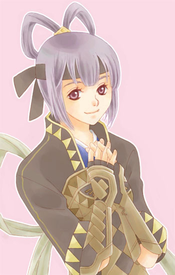 yucke, miakis (suikoden), gensou suikoden, gensou suikoden v, armor, fingerless gloves, gloves, headband, purple eyes, purple hair, smile, solo