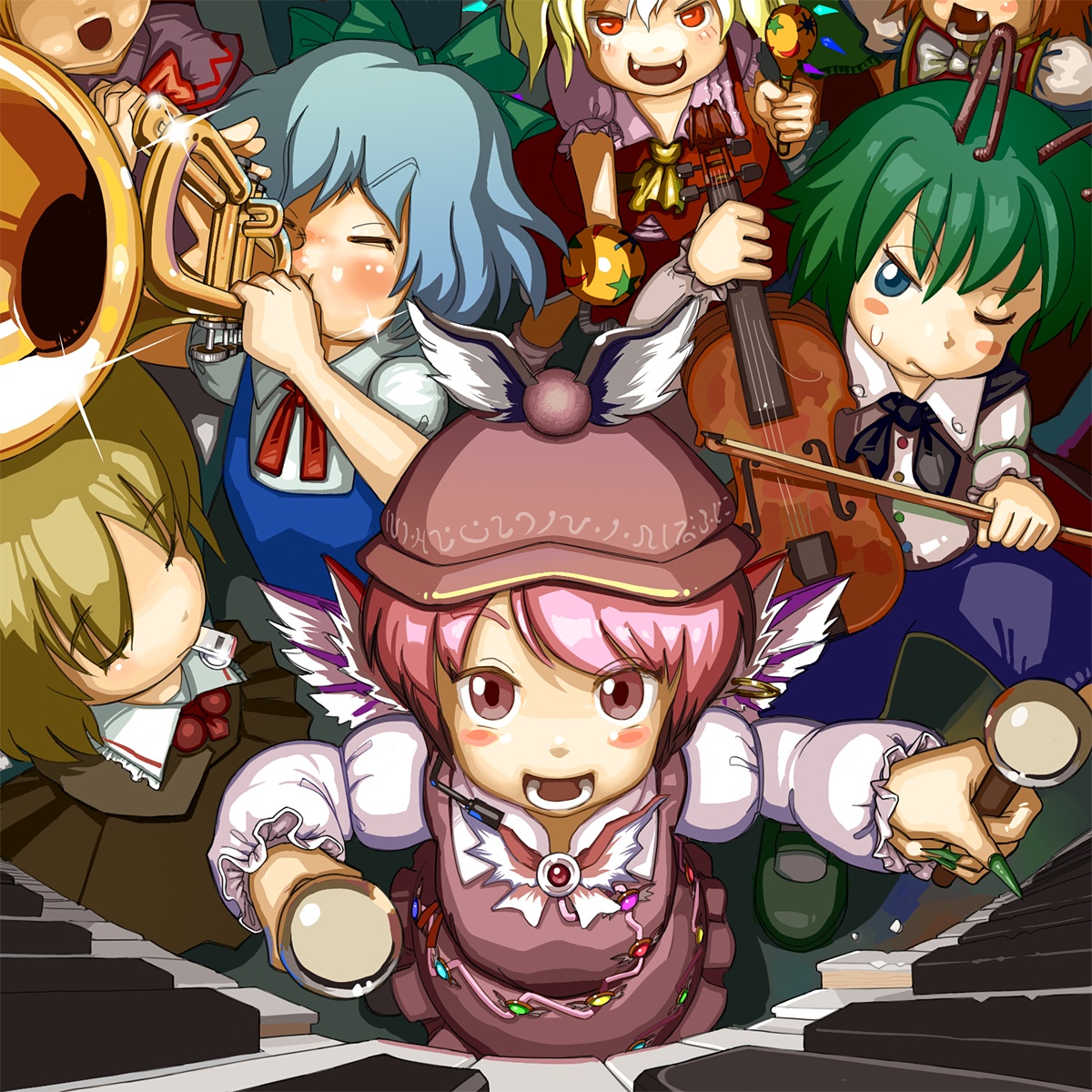 maku (artist), maku (wasabishock), chen, cirno, flandre scarlet, lily black, lily white, mystia lorelei, rumia, wriggle nightbug, touhou, highres, 6+girls, blonde hair, female focus, headset, instrument, maracas, multiple girls, red eyes, team 9 (touhou), trumpet, violin, whistle