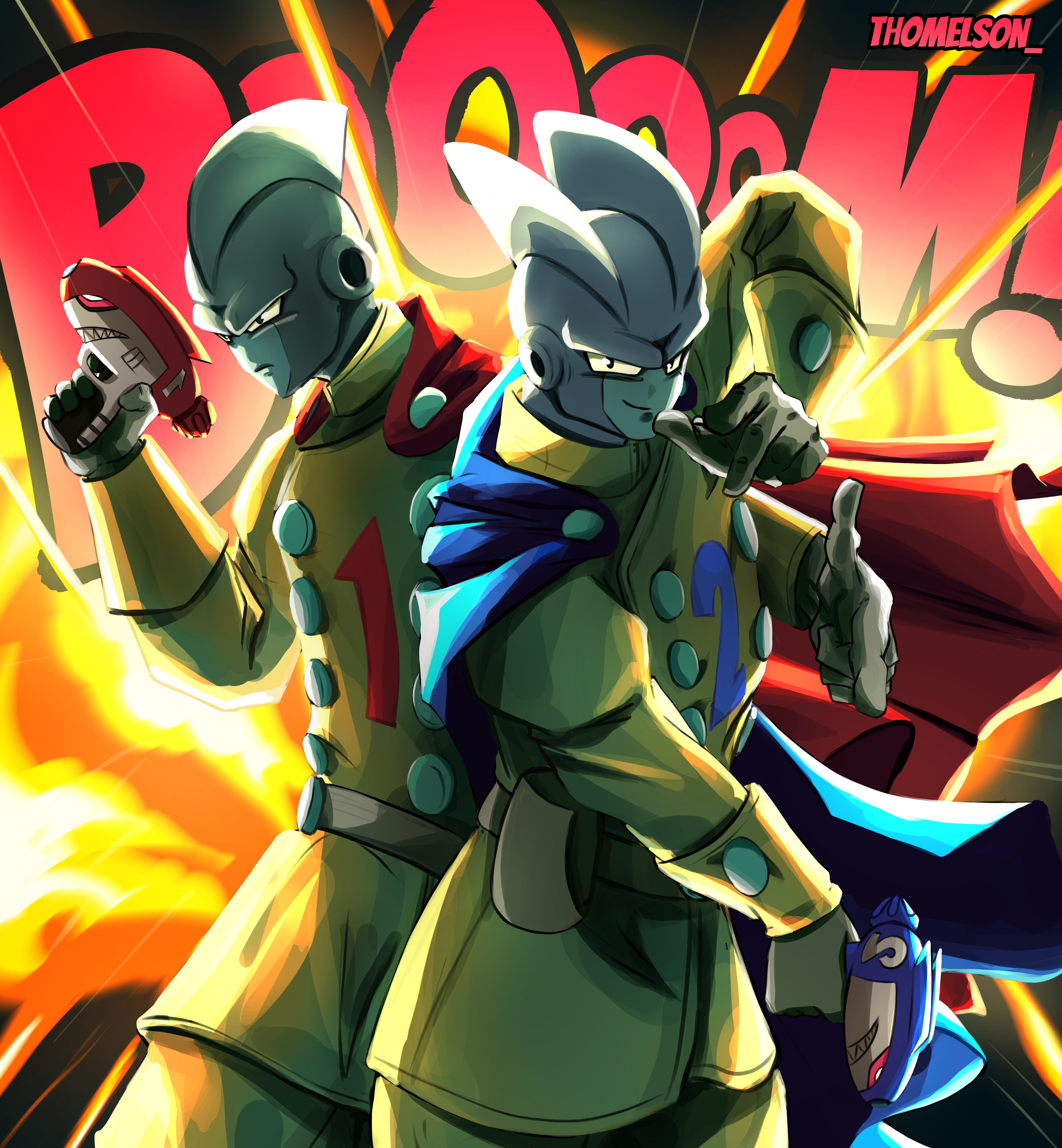 thomelson, gamma 1, gamma 2, dragon ball, dragon ball super, dragon ball super super hero, absurdres, highres, 2boys, android, blue cape, cape, colored skin, cowboy shot, energy gun, explosion, fins, grey skin, group pose, gun, head fins, holding, holding gun, holding weapon, jacket, male focus, multiple boys, red cape, sound effects, weapon, yellow jacket